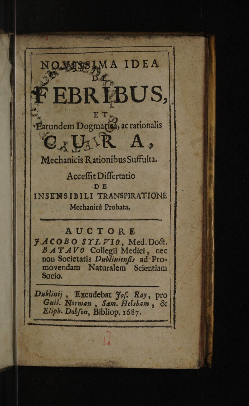 nd gas IDEA. 'EBRÍBUS, -. ET, Éarundem nd ac vd €4UsR A, Mechanicis Rationibus Suffulta. Acceffit Dilfertatio DE INSENSIBILI TRANSPIRATIONE : Mechanicé Probata. -AUCTORE $A4COBO $YLZIO, Med.Do&amp;. B.AT.AVO Collegii Medici, nec|| non Societatis Dubl;pienfis ad Pro- | | movendam Naturalem Scientiam Socio. Ki Dublinij , Excudebat 3of. Ray, pro | Guil. Norman , Sam. Hdsbam , &amp;|| Eliph. Dobfon, Bibliop. 1687. |