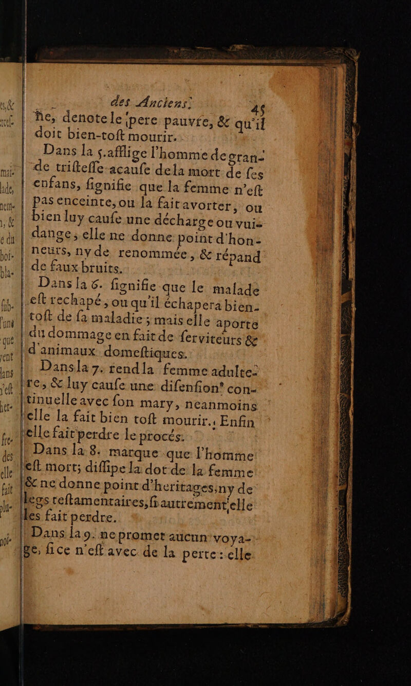 doit bien-toft mourir... Dans la ç.afflige l'homme degran- de trifteffe-acaufe dela mort de fes Pas enceinte, ou la faitavorter, ou bien [uy caufe une décharge ou vuis dange; elle ne donne point d'hon: neuts, nyde renommée, &amp; répand Dans la 6. fignifie que le malade toft de fa maladie ; mais elle aporte du dommage en faitde ferviteurs &amp; d'animaux domeftiques. Dans]a 7. rendla femme adulte: re, &amp; luy caufe une difenfion? con- clle la fait bien toft mourir. Enfin elle fait perdre le procés: Dans la. 8. marque que l’homme ef mort; diflipe la dot de la femme |&amp; nc donne point d'heritages,ny de les fait perdre. bDans la9. ne promet aucun VOya- Be, fice n’eft avec de la perte: elle