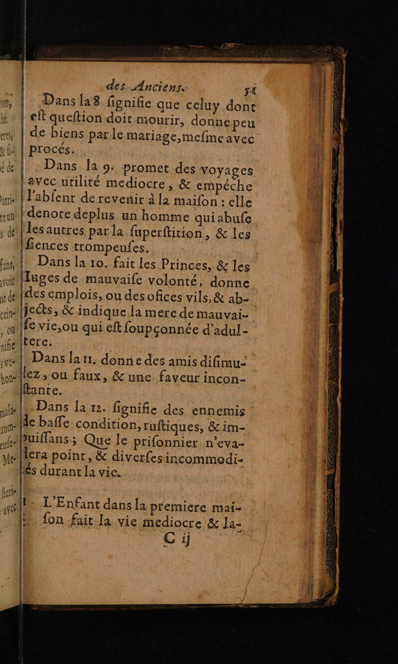 A 0, |! vi eu s dé VOIE né dé cein , OÙ nife d'in { paid rofie eylé* Me forts des Anciens. sx Dansla8 fignifie que celuy dont eft queftion doit mourir, donne peu | procés. Dans la 9. promet des voyages les autres par la fuperftition, & les fiences trompeufes. Tuges de mauvaife volonté, donne. des emplois, ou desofices vils, & ab- jects, & indique la mere de mauvai- {e vie,ou qui eft foupconnée d’adul - tcre. eZ, où faux, & une faveur incon- ftante. Dans Ja 2. fignifie des ennemis de bafle condition, ruftiques, Sc im- Quiflans; Que le prifonnier n’eya- lera point, & diverfes incommodi- és durant la vie. h fon fait la vie mediocre & Ja- Ci