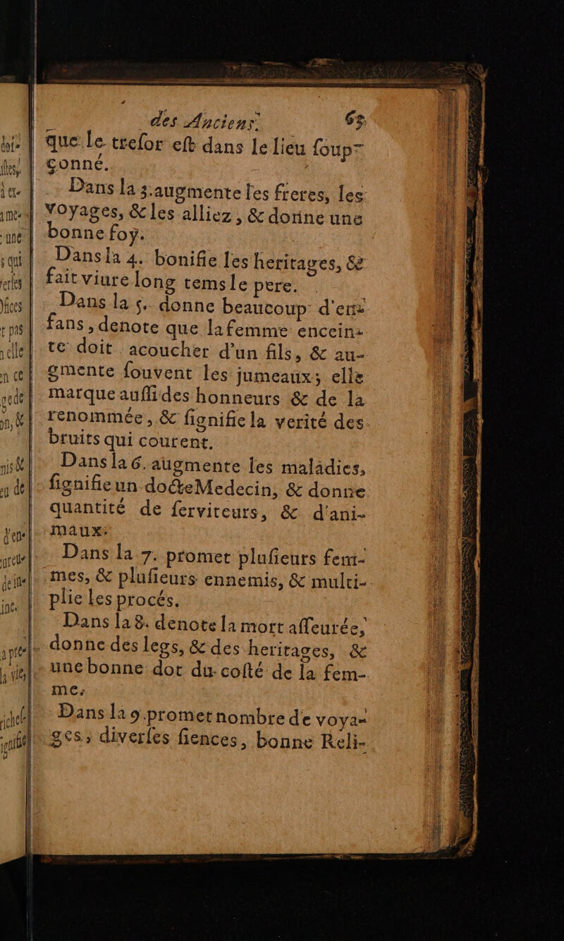 tm à a des Anciens. 3 que Le trefor eft dans Le lieu {oupz conné. : Dans la 3.augmente l'es freres, Les it 1 bonne foÿ. EE Dansla 4. bonifie les heritages, Sè fait viure long temsle pere. Dans la ç.. donne beaucoup: d'en L fans , denote que lafemme enceinz He | te doit acoucher d’un fils, &amp; au- gmente fouvent les jumeaux: elle marque auffides honneurs &amp; de la renommée, &amp; fignifie la verité des bruits qui courent. Dans la 6. augmente les maladies, \ figaifieun doeMedecin, &amp; donne ON quantité de ferviteurs, &amp; d'ani- !, 2 maux: Dans la 7. promet plufeurs fent- plie les procés. Dans la 8. denote la mort affeurée, une bonne dot du. cofté de la fem- me; Dans la 9. prometnombre de VOYa= ges; diverfes fiences, bonne Reli-