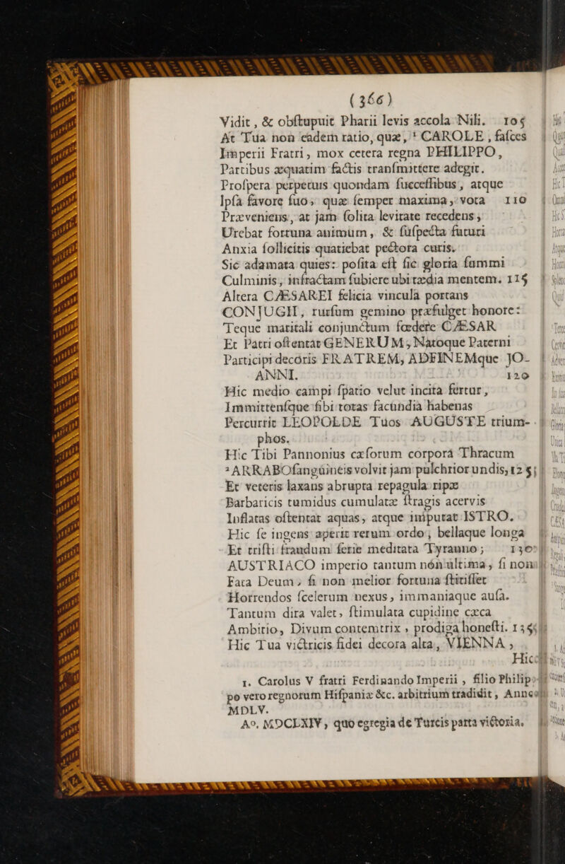 k , IN (AE , (366) Vidit , &amp; obftupuit Pharii levis accola Niki. 105 At Tua non eadem ratio, quz , * CAROLE , fafces Imperii Fratri, mox cetera regna PHILIPPO, Partibus æquatim factis tranfmittere adegit. Profpera perpetuis quondam fuccefhbus, atque Ipfa favore fuo; quæ íemper maxuma, vota 110 Præveniens, at jam folita levitate recedens , Urebat fortuna animum , &amp; füfpecta futuri Anxia follicitis quatiebat pectora curis. Sic adamata quies: pofita eíl fic gloria fammi Culminis , infractam fubiere ubitzdia mentem. 114 Altera CZESAREI felicia vincula portans CON[UGII, rurfum gemino præfulget honore: Teque maritali conjunctum foedere CAESAR Et Patri oftentàt GENER UM ; Natoque Paterni Participi decoris FR ATREM, ADFINEMque JO- ANNI. 120 Hic medio campi fpatio velut incita fertur, Immitteníque fibi totas facundia habenas Percurtit LEOPOLDE Tuos AUGUSTE trium- phos. Hic Tibi Pannonius cxforum corporá Thracum : ARRABOfangüineis volvit jam pulchrior undis; t2 $ Et veteris laxans abrupta repagula ripa Barbaricis tamidus cumulatz ftragis acervis luflatas oftentat aquas, atque 1miputat.ISTRO. Hic fe ingens: aperit rerum. ordo , bellaque longa Et crifti fraudum ferie meditata Tyraune ; — 136 AUSTRIACO imperio tantum nón ultima, fi non Fata Deum, fi non melior forma ftitiffet Horrendos fcelerum nexus ; immaniaque aufa. Tantum dira valet, ftimulata cupidine cæca Ambitio, Divum contemtrix » prodiga honefti. 134 Hic Tua vi&amp;ricis fidei decora alta, VIENNA , 1. Carolus V fratri Ferdinando Imperii , filio Philip MDLV. Ao. MDCLXIY , quo egregia de Turcis parta viétoxia, nl Iona Une