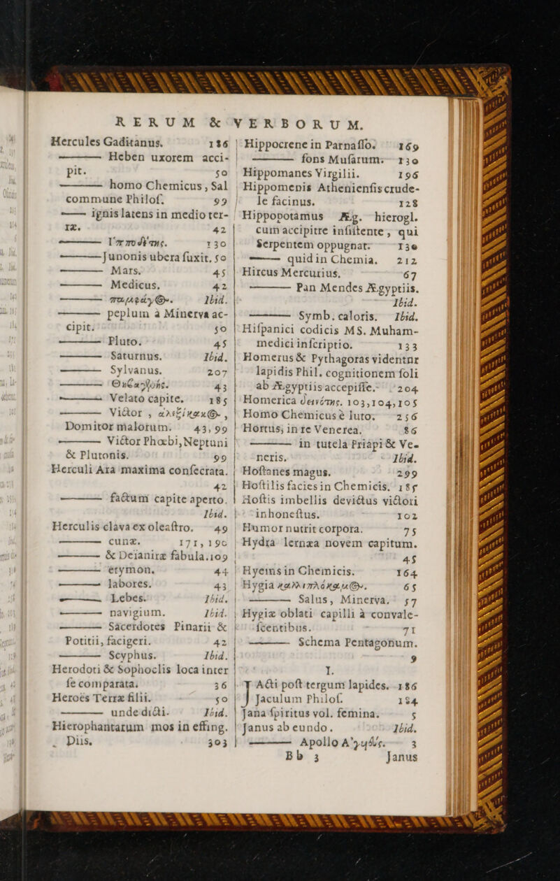 Hercules Gaditanus. 136 Hcben uxorem acci- pit. so — homo Chemicus, Sal commune Philof. 99 ignis latens in medio ter- IZ. 42 Vor mo dt anc. 130 Junonis ubera fuxit, so Mars. 45 Medicus, 2 ———— que dy. 1bid. peplum à Minerva ac- cipit. $0 Pluto. 45 Saturnus. Ibid. Sylvanus. 207 OCa ons. 3 ——— ——- Velato cápite. 185 —— ——- NWi&amp;or , «xi£inau S , Domitor malotum. 43,99 Victor Phoebi, Neptuni &amp; Plutonis. 99 Herculi Ara maxima confecrata. 42 — faétum capite aperto. Ibid. Herculis clava ex oleaftro. 49 — cuna. 171,196 &amp; Deianirz fabula.109 etymon. 44 —— —— jabores. 43 GS, Ul ebesi Ibid. — ——- navigium. 1bid. Säcerdotes Pinarii &amp; Potitii, facigeri. 42 Scyphus. Ibid. Herodoti &amp; Sophoclis loca inter fe comparata. 36 Heroes Terrz filii. so unde didi. Iiid. Hierophantarum mos in effing. Duis. 303 Hippocrene in Parnaflo. ^ 169 fons Mufarum:- 130 Hippomanes Virgilii. 196 Hippomenis Athenienfis crude- ^ lefacinus. 128 Hippopotamus Ag. hierogl. cum accipitre infiitente, qui $erpentem oppugnat: Iie ——— quidin Chemia. 212 Hircus Mercurius, 67 Pan Mendes Ægyptiis. Ibid. Symb.caloris. Ibid. Hifpanici codicis MS. Muham- medici infcriptio. 123 Homerus &amp; Pythagoras videntnr lapidis Phil. cognitionem foli ab Z.gyptiis accepiffe. 204. Homerica devérne. 103,104,10$ Homo Chemicus è luto; 2;6 Hortus; in te Venerea. $6 in tutela Priapi&amp; Ve. neris. Ibid. Hoftanes magus. 299 Hoftilis faciesin Chemicis. 185 Hoftis imbellis deviétus victori inhoneftus. 102 Humor nutrit corpora. 75 | Hydra. lernza novem capitum. 4$ | Hyemsin Chemicis. 164. H yg1a xa NM (TAX GX. 65 — Salus, Minerva. 57 | Hygiz oblati capilli à convale- Ícentibus. 71 —— Schema Pentagonum. 9 I. | T AQi poft tergum lapides. 186 | J Jaculum Philot. 154 | Jana fpiritus vol. femina. $ | Janus ab eundo. Ibid. | Apollo A’yye. 3 Bb 3 Janus