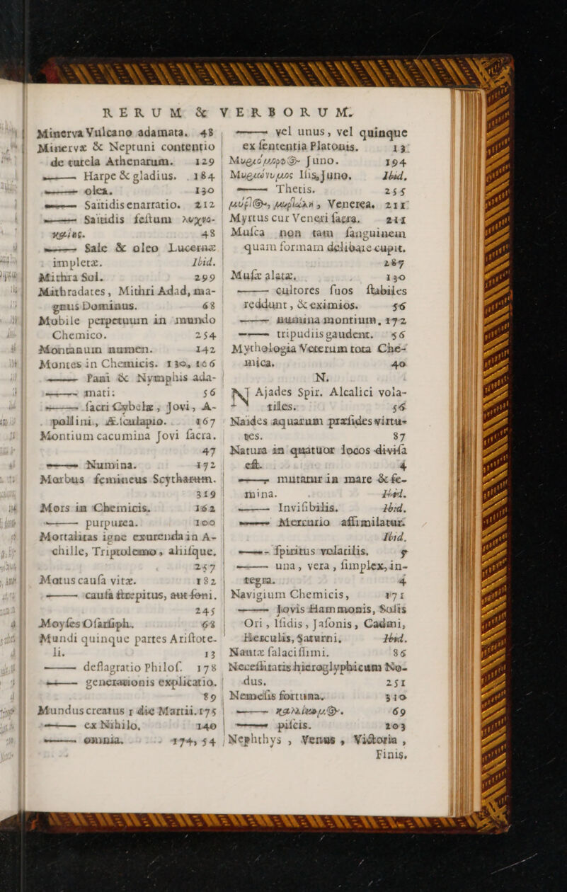 RERUM Minerva Vulcano adamata. 48 de «utela Athenarum. 129 »——— Harpe &amp; gladius. .184 oleas. 130 —— Saitidisenarratio. 212 -—— Sainidis feitum Avyvo- xou uc. 48 -——— $ale &amp; oleo Lucernz impleta. Ibid. Mithra Sol. 299 Matbradates, Mithri Adad, ma- gnus Domuinus. 68 Mobile perpetuum in mumdo Chemico. 254. Monmanaum numen 142 Montes in Chemicis. 130, 166 Pani &amp; mati: $6 ——^ facri Cybelz ; Jovi, A- pollini., Æculapio. 167 Montium cacumina Jovi Idcra. 1 1 Nympius aa - ; Is —— 47 Numina. 172 Morbus femineus Scytharam. 319 Mors in 'Chemicis. 16 2, —— 100 purpurea. Mortalitas ieoe exurendain A- chille, Triptolemo , aliifque, 247 Matus caufa vitz. 122 ————— :cauíá ftre pitus, aut fon]. - - 245 Moy les Ofaríiph. 63 Mundi quinque partes Ariftote. li. 13 deflagratio Philof. 178 ———- generavonis explicatio. 89 Mundus creatus r die Martii. 175 -——— €x Nihilo, oninia. a — —. 174, $4 x Íententia cobre 13 D. 3- Juno. 194 Mugs vv uos lis,juno. lóid, -——-—. '[hetis. 254 | Aufl, maple i , Venerea. 21K MyrtuscurVenexifagra, — 24i Muíca non tam fanguinem quam formar delibare cupit. 287 Mula alata. 130 — €uiltores fuos ftabiles reddunt , &amp; eximios. 56 —— — iuiuna MONTIUM , +72 — tripudisgaudent, ‘56 Mythologia Veterum tota Che- mica, 40 N. NA Ajades Spir. Alcalici vola- * tiles. $66 Naides aquarum præfides virtus bes. $7 Natura 1n quatuor locos divifa e£. À - Mutaturin mare &amp;fe- nina. Id. ——— Invifibilis. 1óid. — Bicreurio aflimilatur: Ibid. —- Ípiritus volarilis, $ - una, vera , fimplex, in- tes ra. 4 Navigi um Chemicis, 71 Jovis Ham monis, Solis Ori, lfidis, Jafonis, Cadmi, Hesculis, Saturni, lí. Nautz falacifíimi. $6 Necefhtatis hieroglyphicum Ko dus. 251 Nemelis fortuna. 310 - HAN DO. 69 —— piícis. 103 Nephthys , Venus , Wióboria , Finis,