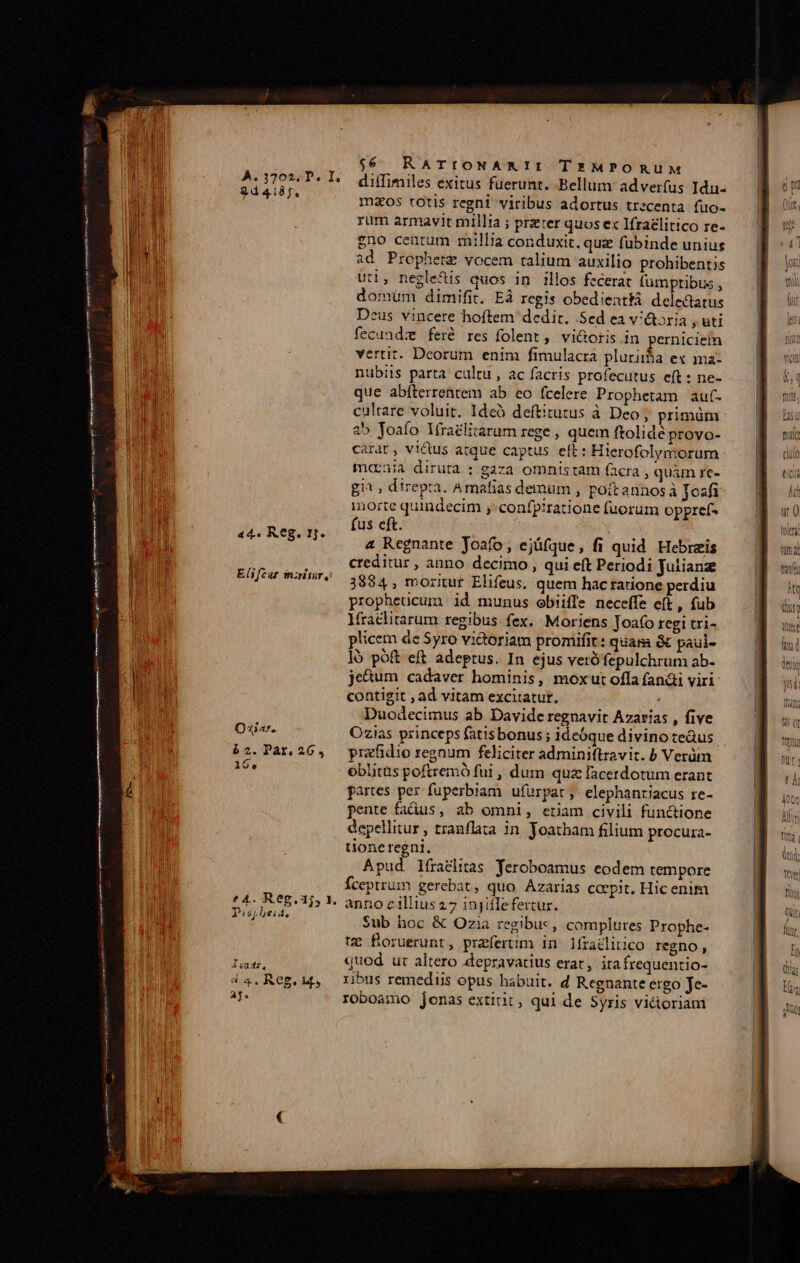 2d 418j. Elifczar m:ritar y: t4. Reg.aj, 1. Picyhbeiad, Ice dr. d 4. Reg. at. af. $6 RATIONARII TEMPORUM diffimiles exitus fuerunt. Bellum adverfus Idu- maos totis regni viribus adortus trecenta fuo- rum armavit millia ; przter quos ex Ifraelitico re- gno centum rnillia conduxit. quz fubinde unius ad Propherz vocem talium auxilio prohibentis utl, negle&amp;is quos in illos fecerat fumptibus , domüm dimifit. Ed regis obedientti dele&amp;atus Deus vincere hoftem dedit. Sed ea vi&amp;toria , uti fecundz feré res folent ,, vi&amp;oris in perniciem vertit. Deorum enim fimulacra plurima ex ma- nubiis parta cultu , ac facris profecutus eft : ne- que abfterrentem ab eo fcelere Prophetam auf. cultare voluit, Ideà deftitutus à Deo, primm a5 Joaío lfra£lirarum rege , quem ftolidé provo- carat, victus atque captus eft: Hierofolymorum moaeaia diruta ; gaza omnistam facra , quàm re- git , direpta. Amatias demum , poitannosà josfi inorte quindecim , confpiratione fuorum oppref- fus eft. 4 Regnante Joafo, ejüfque, fi quid Hebreis creditur , anno decimo , qui eft Periodi Julianze 3884, moritur Elifeus, quem hac ratione perdiu propheticum id munus obiiffe neceffe eft, fub lraclitarum regibus fex. Moriens Joafo regi vri- plicem de Syro vittoriam promifit: quam &amp; paul- ló poft eft adeptus. In ejus veró fepulchrum ab- je&amp;um cadaver hominis, moxut offa (anái viri contigit , ad vitam excitatur. Duodecimus ab Davide regnavit Azarias , five Ozias princeps fatisbonus; idcóque divino teGus prafidio regnum feliciter adminiftravit. b Verüm oblitus poftreimà füi , dum quz lacerdotum erant partes pex fuperbiam ufurpat, elephantiacus re- pente fadus, ab omni, etiam civili fun&amp;ione depellitur , tranflata in. Joatham filium procura- tioneregni. Apud lfra&amp;litas Yeroboamus eodem tempore Íceptrum gerebat, quo Azarias cepit. Hic enim anno cillius 27 injiflefertur. Sub hoc &amp; Ozia regibus, complures Prophe- te foruerunt, praefertim in líraélitico regno , quod ut altero depravatius erat, ita frequentio- ribus remediis opus habuit. d Regnante ergo Je- roboamo jonas extiit, qui de Syris viétoriani eid Ac tt ton md tant lt dig dst fd (m n JT D 45 0f