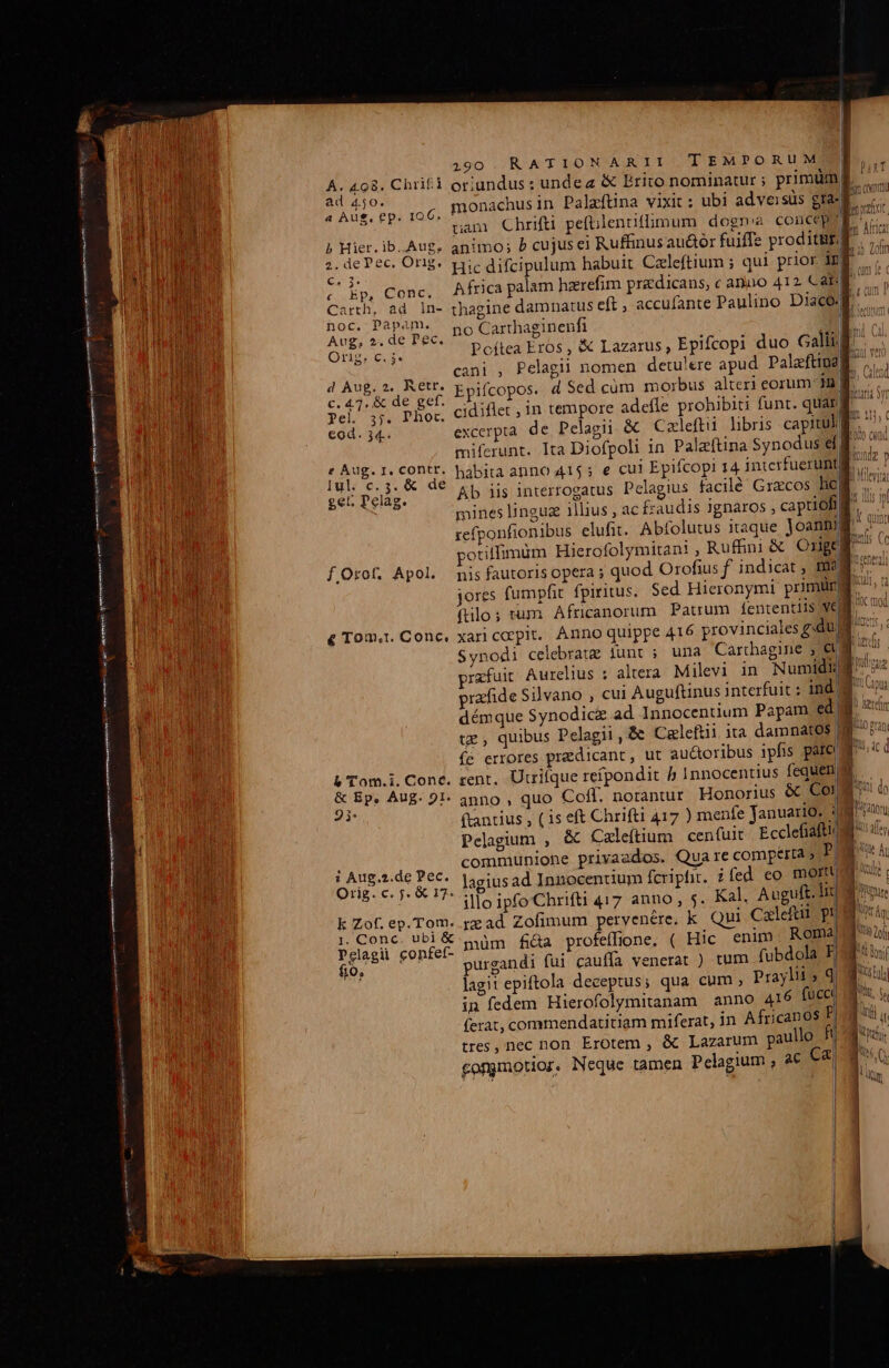 190. RATIONARII TEMPORUM A. 498. Chrifti oriundus : undea &amp; Erito nominatur ; primüm. vp ;oc, monachus in Palzftina vixit: ubi adveisüs gra- cam Chrifti pefülenuffimum dogma concep ) Hier. ib. Aug, animo; b cujusei Ruffinusau&amp;ór fuiffe proditlif T He TE. Oni$- pic difcipulum habuit Czleftium ; qui prior 1g POEp. CURES Africa palam hzrefim praedicans, c anuo 412 Cat Carth, ad In- thagine damnatus eft , accufante Paulino Diaco. feed D C ROO BU Carthaginenfi Oh kgs B D ODE IC &amp; Lazarus, Epifcopi duo Galli cani , Pelagii nomen detulere apud Paleftina MAL Vu Epifcopos. d Sed cüm morbus alteri eorum 38 | $5 PÉoU. cidiflet , in tempore adefle prohibiti funt. quar cod. 34. excerpta. de Pelagii &amp; Caleftii hbris capitul miferunt. Ita Diofpoli in Paleftina Synodus ef d 626r hàbita anno 415; e cul Epifcopi 14 interfuerunt ge! Pelag. Ab iis interrogatus Pelagius facilé Graecos ho mines lingug illius , ac fraudis Jgnaros , captiofil refponfionibus elufit. Abfolutus itaque Joanni potilfimum Hierofolymitani , Ruf&amp;ini &amp; Oxlgt] fOrof. Apol. mis fautorisopera; quod Orofius f indicat , m? jores fumpfit. fpiritus. Sed Hieronymi primür tilo; tum Aftricanorum. Patrum fententils veg &amp; Tom.t. Conc, xari cepit. Anno quippe 416 provinciales g:du. Synodi celebrate iunt ; una Carthagine ; &amp; rmfuit Aurelius ; altera Milevi in Numidii d 2 r (tantius , ( 1s eft Chrifti 417 ) menfe Januario. p. | Pelaggium , &amp; Caleftium cenfuit. Ecclefiafttu à Hn communione privaados. Quare compttta» Pj i Aug.t.de PeC.. |aciusad Innocentium fcripfit. ifed eo mortl Orig.c.j.&amp; 17. AP . 4A in illo ipfo Chrifti 417 anno, 5. Kal, Auguft. lit k Zof. ep. Tom. rx ad. Zofimum pervenere. k Qui Cxlefut pr 1i. Conc. ubi &amp; ' -ofe(Ti : : Roma * müm $f&amp;a profeffione, ( Hic enim. BOIS Pelagiü confef- Hou : la FJ fio, urgandi fui cauffa venerat ) tum fubdola ] lagit epiftola deceptus; qua cum, Praylit» q in fedem Hierofolymitanam | anno 416 fucc ferat, commendatitiam miferat, in Africanos P tres, nec non. Erotem , &amp; Lazarum paullo ft congmotioz, Neque tamen Pelagium , ac Ca,