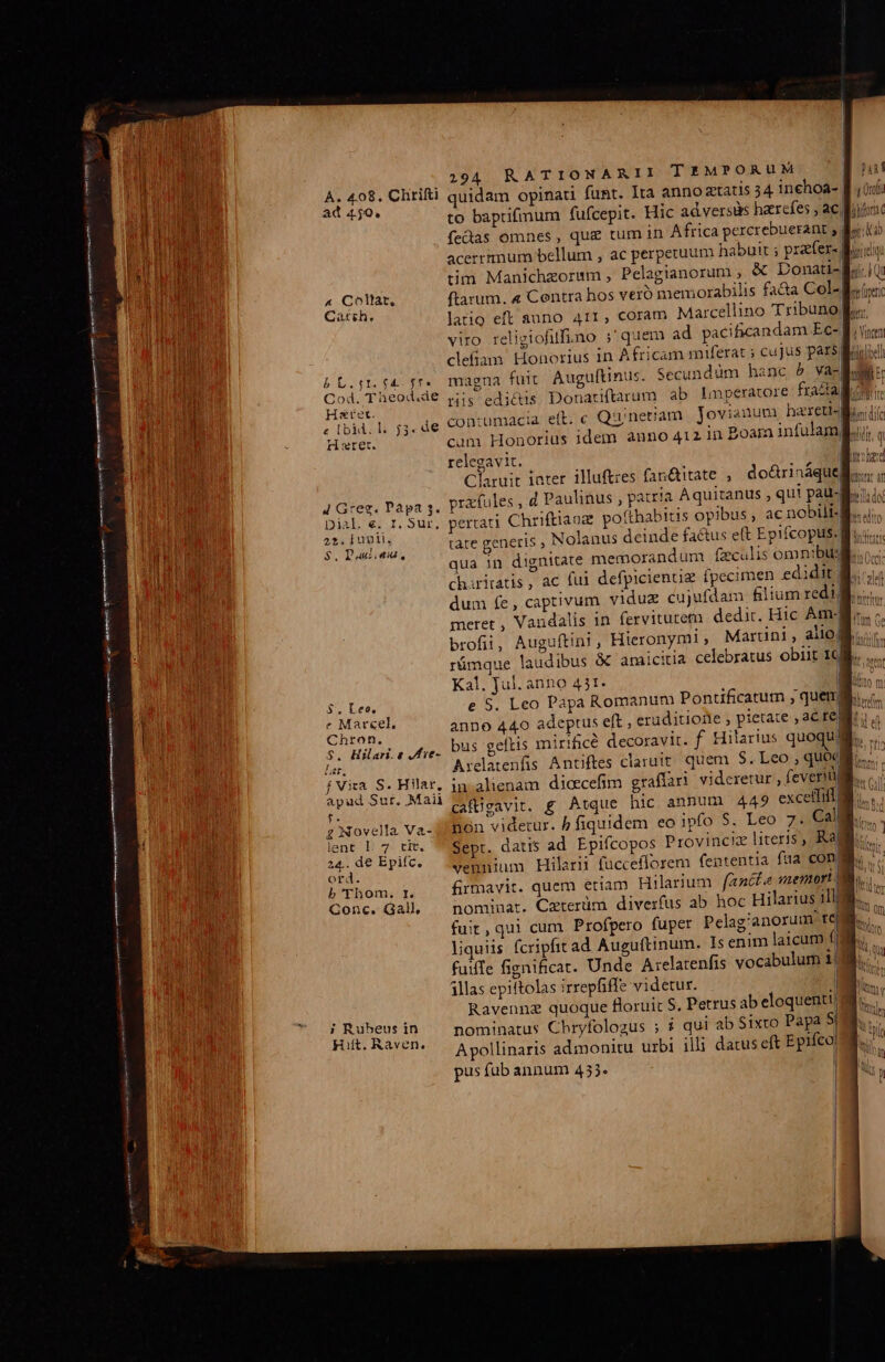 ad 450, « Collat, QCarih. aei em vnm emm (— an ttim meme met Hsret. e [bid l. j3* H wrer. pial. €. r. Sur 2*2. E unii, $, Dacia, Y $.Leoc. e Mar«el, Chron. $. Hilari.e Jie- lat; ; Vira S. Hilar, apud Sur, Maii A g Novella Va- lent L: 7: trt. 24.. de Epifc. ord. b 'rhom. r. Conc. Gall, MEME LL cS m—— ; Rubeus in Hift. Raven, 294 RATIONARII T XMPORUM Ita anno ztatis 34 1nehoa- | to baptifmum | fedas omnes, qug tum in Africa percrebuerant ; | acerrimum bellum , ac perpetuum habuit ; prater. tim Manichzoram , Pelagianorum , &amp; Donati- ftarum. « Centra hos veró memorabilis facia Cel- latio eft auno 411, coram Marcellino Tribuno| viro religiofilfino ;'quem ad pacificandam Ec-. n Africam miferat 5 cujus pars) Secundüm hanc 5 vas ui clefiam Honorius 1 e contumacia eft. c Q:netiam. Jovianum haxeti- cum Honorius idem anno 4121n Boara infulam, relegavit. Claruit iater illuftres fan&amp;itate. , do&amp;rináque prafules , d Paulinus , patria Aquitanus , qui pau-| . pertati. Chriftiaoz poíthabitis opibus , ac nobili. tate generis , Nolanus deinde factus eft Epifcopus. f qua in dignitate memorandum fzculis omnibus chariratis , ac fui defpicientiz fpecimen edidit | dum fe, captivum viduz cujufdam filiumzedil meret , Vandalis in fervitutem dedit. Hic Am. brofii, Auguftini , Hieronymi ; Martini , alioj rámque laudibus &amp; amicitia celebratus obiit 10M. Kal. Jul. anno 431- | e S. Leo Papa Romanum Pontificatum , quem] anno 440 adeptus eft , eruditiorle , pietate , aC fe bus geflis mirificé decoravit. f. Hilarius quoqua Arclatenfis Antiftes claruit. quem $. Leo , quod in alienam dicecefim graffari videretur, feveriü) cafgavit. g Atque hic annum 449 excetfifl, non videtur. 5 fiquidem eo ipfo 5. Leo 7. Cal Sept. datis ad Epifcopos Provincie literis , Ka vennium Hilarii fücceflorem fententia faa con; firmavit. quem etiam Hilarium famcte memort nominat. Ceterüm diverfus ab hoc Hilarius 1/19 fuit, qui cum Profpero fuper Pelag'anorum tee. liquiis. fcripfit ad. Auguítinum. Is enim laicum (|ui. fuiffe fignificat. Unde A:elatenfis vocabulum 1! állas epiftolas irrepfiffe videtur. | Ravenna quoque floruit S, Petrus ab eloquenti nominatus Chryfologus ; i qui ab Sixto Papa SI Apollinaris admonitu urbi illi datus eft Epifco, pus fub annum 453.