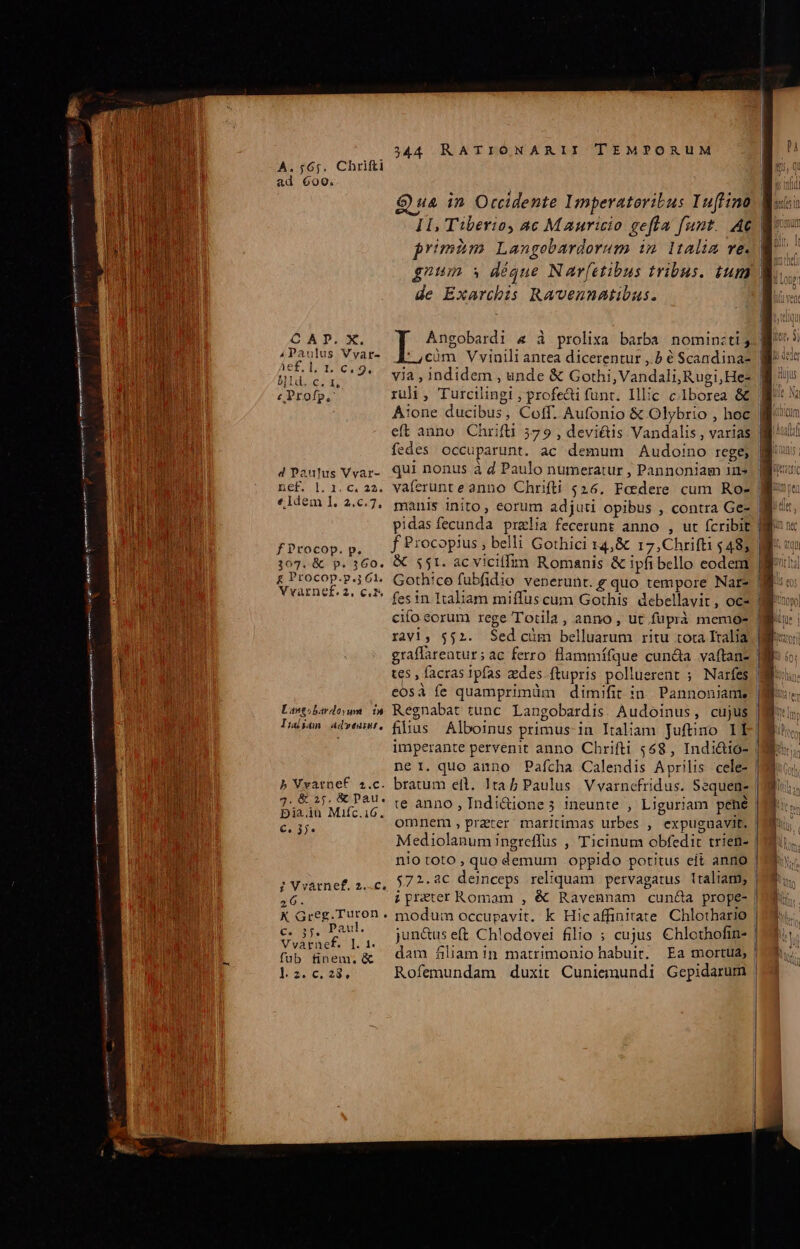 À. ;6;. Chrifti ad 609. Q ua in Occidente Imperatoribus Inflino. | II, Tiberio, ac Mauricio gefta funt. AG | jrimhám Langobardorum im ltalia ve. gnum s déque Nar[etibus tribus. tum) de Exarchis Ravennatibus. i P. X. Angobardi « à prolixa barba nomin:ti 5.) via ,indidem , unde &amp; Gothi, Vandali,Rugi,He- ruli , Turcilingi , profecti funt. Illic c1borea &amp; | Aione ducibus, Coff. Aufonio &amp; Olybrio , hoc | eft anno Chrifti 579 , devi&amp;is Vandalis , varias d Panhus Vvar- Qui nonus à d Paulo numeratur , Pannoniam 1n» | | nef. l. 1. c. a2. Vaferunteanno Chrifti 526. Foedere cum Roe | «ldem l. 2.0.7. gpanis inito , eorum adjuti opibus , contra Ge- | pidas fecunda pralia fecerunt anno , ut fcribit fProcop.p, 4 Procopius, belli Gothici 14,&amp; 17,Chrifti 5485.1 307. &amp; p. 160. X $51. ac vicilfim Romanis &amp; ipfi bello eodem | g Procop.p.36t. Gotht!co fubfidio venerunt. g quo tempore Nare | Vvarnef. 2. €. (cin Traliam miffüscum Gothis debellavit , ocx.] cifo corum rege Totila , anno, ut fuprà memo | ravi, $52. Sed cim belluarum ritu tora Italia graffareatur; ac ferro flammífque cuncta vaftan- | tes , facras ipfas zdes.ftupris polluerent ; Narfes | eosà fe quamprimüm dimifit in Pannoniam | Laosg)bardoyum i» Regnabat runc. Langobardis. Audoinus, cujus | DIdyan adve. filius Alboinus primus-in Italiam Juftno II imperante pervenit anno Chrifti 568, Indi&amp;io- ner. quo anno Pafcha Calendis Aprilis cele- | b Vyatnef 2.c. bratum ell. 1ta b Paulus. Vvarnefridus. Sequen- | PO E te anno, Indi&amp;ione 5 ineunte , Liguriam pehé jj. | . ommem, prater maritimas urbes , expuguavit. | Mediolanum ingreffus , Ticinum obfedit trien- | nio toto , quo demum oppido potitus eft anno | ; Vyatnef, 2..c, $7 2 8€ deinceps reliquam pervagatus italiam, | Vida ipraeter Romam , &amp; Ravennam cun&amp;a prope- | 2 rir jun&amp;us eft Chlodovei filio ; cujus Chlcthofin- | fub finem, &amp; dam fliamin matrimonio habuit. Ea mortua; | 1:2, 6,28, Rofemundam duxit Cuniemundi Gepidarum | | | j €,