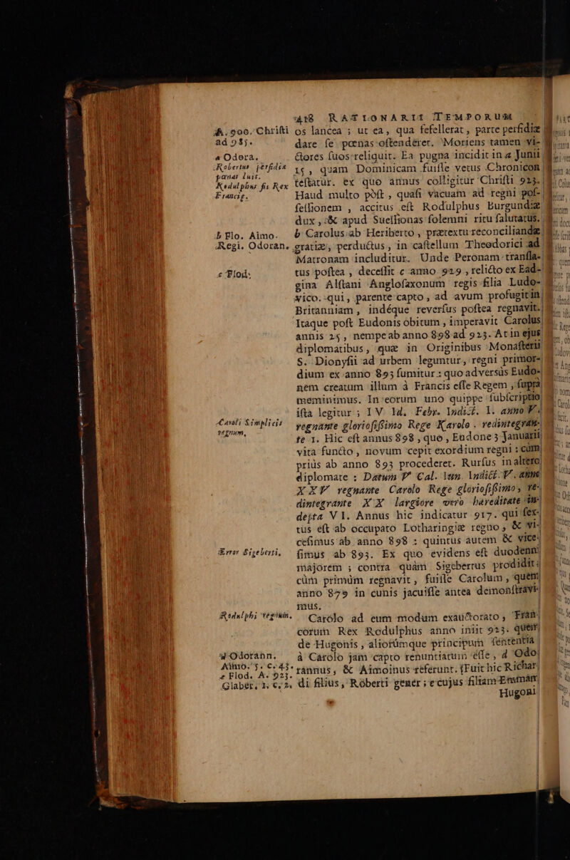  — resa vpen tj RH mrt — RP á vm X ad 95;. 4 Odora. Robertus perfdia »guáas luit. b Flo. Aimo. Aegi. Odoran. c Elod: nli $implicis ?:£num, Error Sipebesti, Redulpbi teghum. 4 Odorann. Adno. 5. C^ 43. e Flod. A. 925. Glabet, 1; €/2« 418 RAT LONARII TErMPORUM Bus os lanéea ; ut ea, qua fefellerat, parte perfidia | b. dare íe poenas ofteadérec. Moriens tamen vi- M... Gores fuos:reliquit. Ea pugna incidir in a Junii $,. .. 1$, quam Dominicam .fuifle vetus Chronicon B... , dux ,:&amp; apud Suellionas folemni ricu falutatus. d. ;. b Carolus.ab Heriberto , praecextu reconciliandg gratiz, perdu&amp;us , in caftellum Theedorici ad | Matronam includitur. Unde Peronam. tranfla- 8 tus poftea , deceffit c ammo 923 , relito ex Ead- 3 gina Alflani Anglofaxonum regis flia Ludo- *ico.-qui, parente capto, ad avum profugitin Britanniam, indéque reverfus poftea regnavit. Itaque poft Eudonis obitum , imperavit Carolus| annis 24, nempeabanno 898 ad 925. At in ejus. diplomatibus, que in Originibus Monafters S. Dionyfii ad urbem leguntur, regni primor- dium ex anno 855 fumitur : quo adversus Eudo« nem creatum illum à Francis efle Regem , fapra meminimus. In:eorum uno quippe fubfcriptio! ifta legitur ; IV. Hd. Febr. lodicf. 1. anno F4 vegnante gloriofifinto Rege Karolo . redintegram. te 1. Hic eft annus 898 , quo , Eudone3 Januar vita fun&amp;o , novum cepit exordium regni : Cum| priüs ab anno 893 procederet. Rurfus in altero diplomate : Datwm Y^ €al. Van. lodicz. V . anm XXV vegnante Carolo Rege gloriofifimo , VE dintegrante XX lavgiore vero bareditate dae dejta V1. Annus hic indicatur 917. qui fex- tus éft.ab occupato Lotharingim regno , Ó&amp; WI: cefimus ab anno 898 : quintus autem &amp; vice; 1.» fimus ab 893. Ex quo evidens eft duodenm 07. majorem ; contra quàm Sigeberrus prodidit 0i cüm primüm regnavit , fuille Carolum , quem M | anno 879 in cunis jacuiffe antea demonftrave, oo V2 mus. | Carólo ad eum modum exaü&amp;orato , Ffüi 0 corum Rex Rodulphus anno iniit 923. quem Mi de Hugonis , aliotümque principum féntentia | Nt à Carolo jàm 'capto renuntiatuin 'éffe , d Odo| n rànnus, &amp; Aimoinus referunt. [Fuit hic Richar| | di filius, Róberti gener ; ecujus filiam-Emmar HugoR)