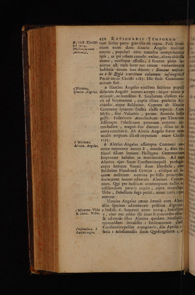———— On (0€! NENNT . 4$0 REATIONARII TEMPORUXM' | HS É: pupa tum fcelus parto gravifüseft regno. Poft bieme Wir Mifiisdame, . Dium enim dum ifaacio . Angelo molitüg Mv. Aadieuici, necem , populari orto tumultu comprchenfus Wu: ipfe , ac per urbem camelo vectus , altera abíciffa. o vi manu , eculóque effoffo, à furente plebe las | niatus eft. cum inter tot rerum — verborümque dicii ludibria unum: hec diceret : Dowzime suiferé- (Mun ve 5 &amp; uid contritum. calammn — infringitist | Periüt anno Chrifii 11854. Hic finis Comnenos | norum fuit. | Nicetia! « lfaacius Angelus ejufdem fa&amp;ione: populi | Haseiw: ,Aogelur, delatum Augufti nomen accepit : ídque annis 9'|3 EON Lo reunult,acmenfibus $8. Siculorum claffem vi« |81b ; cit ad Strymenem , captis illius. prefe&amp;is Ri-| MTM m. LM e Comneno tyranno fruftrà claffe repeuit.. Cum |n; Myfis , five Valachis , parüm' fecunda bella] y ( W) v x gelfit.. Federicum &amp;norbarbum. per Thraciam | 8. pd Afiámque Palaeftinam petentem conatus. in-1 5 AU tercludere. , magnó.fuo damno , illus in- fe] lano arma concitavit. Ab Alexio Angelo fratre cum| E. oculis ereptum illieftimperium ^ anno. Chrifül M. 1195. | b Alexius Angelus affumpto Comneni me« mine imperavit annos $ , menfes 3., dies x04 lfaaci filiam. Irenem | Philippus | Germanorum| Imperater habebat in. matrimonio. Ad cam. Balduino Flandresfi Comite ; aliífque ad fa cram milinam: nomina prcfeffis principibus focietatem ineunt adversás Alexium | Comne4 RED num. Qui per hoftium contemptum nullis ad Ind refiftendum paratis copiis , capra incenfágu| j Urbe , Debeltum fuga: petiit; anno 1203 :qu0 remoto j Men lfaacius Angelus czcus iterató cum Alexij : filio fpeciem ^ adumbravit prifting. dignitati isa e Nicetas. Vide c Indi&amp;t, 6. Sequenti anno 1204:, Indiction l &amp; [oan. Villa. ^. cüm nec ambo ifti inter fe concordes effen! &amp; Nicetas. dlexjuas . Angelgs, in Nt | tyrannidem | invafiffer ; foederatorum — claff Conftantinopolim | expugnavit, die. Aprilis 1; feria .1 hebdomadis ícxue Quadragefimas . 8 | Couflautiue p. a Kaiiais capid,