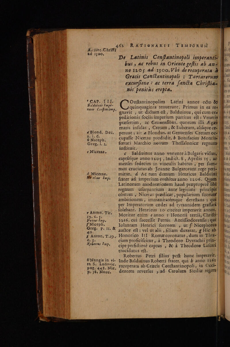 RATIGNARLII 461 TEMPÓRUM À «i205, C hriftY a | 1390, || De Latinis Conffantinopoli nperantie 4. bus , ac rebus in Oriente geflis ab an2 uo: 20120; 4d 1300, Vb? de recuperata à [ iain Gracis Coniiantinopoli : Tartarorum d fs excurjf one: ac terra fanda Chrifli a- .Ni nis penitus erepta. | E yt Onfintinopolim Latini annos o&amp;o 80 ^ o | bd is chai i quinquaginta tenuerunt. Primus in ea red | b MU gnavit , ut di&amp;um eft, Balduinus, qui cum exs g^ dà IO pn peditionis fociis imperium partitus. eft: Veneris 8 t au EU praefertim , ac Genuenfibus. quorum illi Zgzei |  dodo martis iniiae , Cretam , &amp; Eubaeam, aliáque ce« | Titod UD OMIN «Blond. DeC. perunt ; ait 2 Blondus. at Genuenfes Cretàm oc4 | Lii bl FUN D RENE cupaffe Nicetas prodidit. 6. Bonifacius Montiss Wr ( DNE Mn Greg. l. 1, ferrati Marchio nevum Theffalonice regnum |i s IR 3 inftituit. | QE Je c Nicetas, c Balduinus anno vertente à Bulgaris viQusy |i lic NU nca captüfque anno 1205 , India. 8 , Aprilis 15, a6 |o! Mu menfes fedecim in iviácutie habicdà , per fumi imi SU. n mos cruciatusab Yoanne Bulgarorum rege peris | Muni Ve E d Nicetas. mitur. d Ác tum demum Henricus Balduini 9m | Heri Imp, rater ad imperium evehitur anno 1206. Quam | UTUU ie CD Latinorum moderationem haud przptoperé fibi | | m regnum ufurpantium ante legitimi: principis obitum ; Nicetas | praedi cat popularium fuorunf | | ambitionem , immaniratémque dereftans ; qui s! per Imperatorum cades ad tyrannidem graffart | folebant. Henricus to- circiter imperavit annos, Moritur enim eanno r Honorii tertii, Chrifti jar e Anton, Tic. MINE I X9. €. 35 | Lm Petrus Imp, 1216. cui fucceffit Petrus A niffiodorenfis ; qui MC f Niceph. Iolantam Henrici Minime $ ut f. Nicephorus | Greg. P. II €&amp; 5n8or. e(t : vel ut alii , iliam duxerat, &amp; Hic ab | 9E. «0. Tnt OM P £ Anton, T.19 ,. Honorico III Rome coronatus , dum 1n Thra | ilum, VoLM $45 ciam profcifcitur ,. à Theodoro Dyrrachii prín- | dr A ot Roberts I^P^—— cipe perfidios? captus , &amp;.à Theodore Lafcari| tíucidatus eft. Á NE Robertus Petri filius poft hunc imperavit. | P'Nangis in vi- Inde Balduinus Roberti frater. qui b anno 1261 | ta 9. Ludovic. recuperata ab Grzcis Conftantinopoli, in Qcci-| pag. 448. Nic, BsjBiMauc, entem reverfus ,.ad. Carolum Sicilie regem