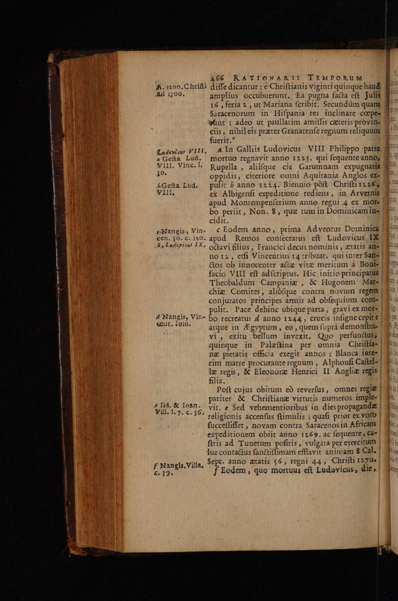 ÀÀ.1200.Chtifti diffe dicantur : e Chriftianis viginti quinquehaud- 8^; d 1500. amplius occubuerunt. Ea pugna fa&amp;a eft Juli W^ 16 , feria 2 , ut Mariana fcribit. Secundàm quam ff Saracenorum in Hifpania. res inclinare caepes 4 wünt : adeo ut paullatim amiffis ceteris provine d ciis, nihileis prater Granatenfe regnum reliquum fuerit. | udevies V111, A4 ln Galliis Ludovicus VIII Philippo patre. p 4 Gefta Lud. mortuo regnavit anno 1223. qui fequenteanno, d VIII. Vinc. l. Rupella , aliífque cis Garumnam expugnatis | pu or oppidis, citeriore omni Aquitania Anglos exe ^ &amp;Gefta Lud, pulit b anno 1224. Biennio póft Chrifhi 12265 | VIIl, ex Albigenfi expeditione rediens, in Arvernis | ME uo apud Montempenferium anno regni 4 ex more | 8€ ui. bo periit, Non. 8, qua tum in Dominicam ins | Tu aT. cidit. a eNangis, Vin- c Eodem anno, prima Adventus Dc:ninica |» cen.j0.c. 120. apud Remos coníecratus eft Ludovicus IX T! S» Latiae 1X. o62y1flius, Francici decus nominis , etatis ans | dU no 12 , etfi Vincentius 14 tribuat. quiinter Sane | 3 &amp;os ob innocenter a&amp;z vitz meritum à Boni | AUR facio VIII eft adícriptus. Hic initio principatus | d. MU Theobaldum Campanie , &amp; Hugonem Mar-| MET chig Comites, aliófque contra novum regem |t. conjuratos principes armis ad obfequium comte | 1 | /—— . .. puli. Pace.dehinc ubique parta, gravi ex more |a tu | 4 Nangis, Vin- bo recreatus d anno 1244, crucis 1nfigne cepit | Ai Ws AN odd atque in /Egyptum , eo , quem fuprà demonftrae I F vi, exitu bellum invexit. Quo perfundus; IF us quinque in Paleftina per omnia Chriftias | dim ng pletatis officia exegit annos ; Blanca imte« | $i POM rim matre procurante regnum , Alphonfi Caftel- | 3.1 ^ le regis, &amp; Eleonorz Henrici II Anglie regis | Wi nl | filia. Zr d TUR Poít cujus obitum eó reverfus, omnes regie | qi ! pariter &amp; Chriftianz virtutis numeros imple« | s Cr Mats vit. e Sed. vehementioribus in diespropagandas | Ji tT: 8:577 relieionis accenfus ftimulis ; quafi prier ex vOfo | d fucceffiffet, novam contra Saracenosin Africam | dui, | expeditionem obiit anno 1269. ac fequente; €à* | aj BU «5 fttis ad Tunetum pofitis ,' vulgata per exercitum | Ji | lue conta&amp;us fan&amp;itlimam efflavit animam 8 Cal, | dy f Nangis, Villa, Sept. anno ztatis $6, regni 44, Chrifti 1270«| &amp;. 12. f Eodem , quo mortuus eft Ludovicus, die, | qur