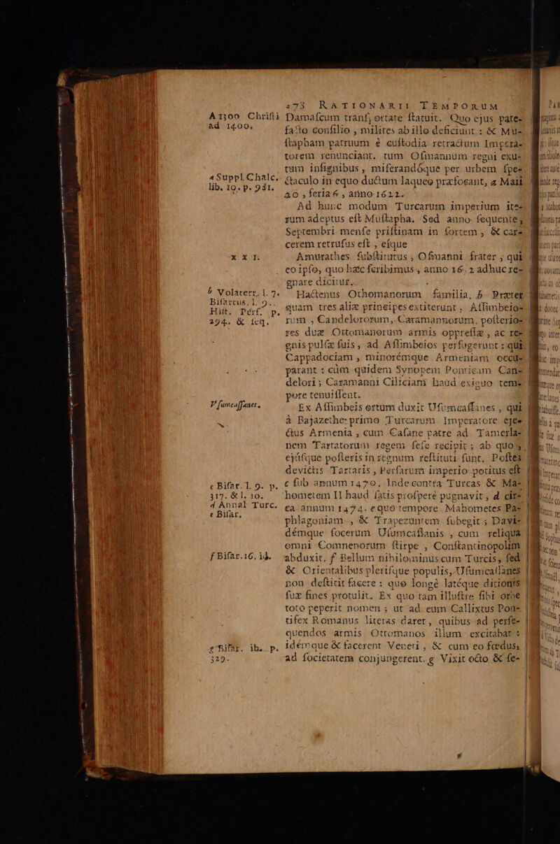 ad I4.00, 4 Suppl. Chalc. lib. 10. p. 931. Xx I tirar &amp; Volaterr. L. 7. inmbodius Bifarrus, 1. 9. MIR ALT Hitt. Dérf, 294.. &amp; 1cdq. P. P umcaffaues ^w c Bifat. 1 9. yp. 317. Gli Os d Ànnal Turc. e Bifar, f Bifar.16, id. £' Bifar, ib.. p. ; RATIONARII TEMPORUM Damafcum tranf; ortate. ftatuit. Quo ejus pate- facto confilio , milites abillo deficiunt : &amp; Mu- ftapham patruum e cuftodia retradium Imgera- torem renunciant. tum. Ofinannum regni exu- tum infignibus , miferandóque per urbem fpes &amp;aculo in equo du&amp;um laqueo prz foeant, 2 Maii 20 ,feria 6 , aiino 162.2. Ad hunc modum Turcarum imperium ite. Bb i iobo rum adeptus eft Muftapha. 'Sed. anno. fequente; | Septembri menfe priftinam in fortem ,. &amp; care Miei: cerem retrufus eft , eíque ! OU Amurathes. fubftitutus ; Ofimanni. frater ; qui. ocu co ipfo, quo hatc feribimus., auno 16.2 adhuc re- gnare dicitur, Ha&amp;enus Othomanorum familia, 5b. Prater | quam tres alic prineipesextiterunt. Affinbeios rum , Candelororum,.Caramannorum. pofterios Mi yes duz O:tomanerum armis oppreííz , ac rez Ni gnis pul fuis, ad Affimbeios perfugerunt : qui. Wh [T0 1 Wy UU 25:73 SLOTS P4 AU UT borani 1 done Cappadociam , minorémque Armeniam occus lir in, parant : cm. quidem Synopem Ponrieam Cane nda delori; Caramanni Ciliciani pere tenuiffent. Ex Affimbeis ertum duxit Ufimcaffanes , qui à Bajazethe: primo Turcarum Imperatore ejee &amp;us Armenia, cum Cafane patre ad. Tamerla- nem 'Tartatorun regem fefe recipit ; ab quo | ejáfque pofteris in rcgnum reftituti funr, Poftea | deviétis Tartaris , Perfarum imperio porius eft. | c fub apnum 1470, 1ndecontta Turcas &amp; Ma- | f 1 ! haud exieuo hometem II haud fatis profperé pugnavit , d cir- ca-annum 1424. equo rempore. Mahometes Pas phlagoniam , &amp; 'Trapezuntem. fubegirt ; Dayie démque focerum Uunicaflanis , cum | reliqua omni Comnenorum ftirpe , Conftantinopolim | abduxit, f Bellum nihilominus cum Turcis; fed | &amp; Orientalibus plerifque populis, Ufumcatfanes | non deftiit facere : quo longé latéque ditionis fux fines protulit. Ex quo tam illuft;e fibi orbe | toto peperit nomen ; ut ad. eum Callixtus Pou- tifex Romanus literas daret, quibus ad perfe- quendos armis Ottomanos illum excitabat : idémque &amp; facerent Veneti, &amp; cum eo faedus, | ad focietatems conjungerent.g Vixit octo &amp; fe- |