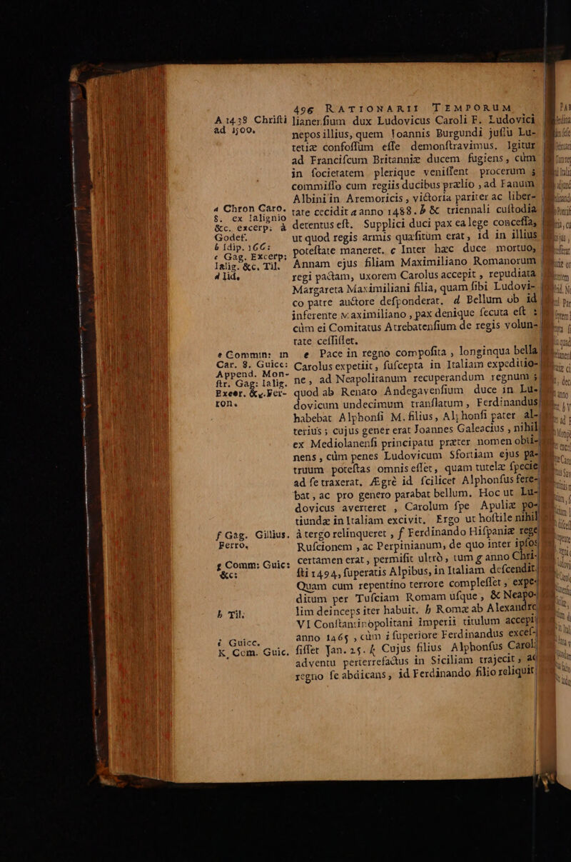 8. &amp;c  4 Id, l CRT e Commin: in mon Car. 8. Guicc: MA OU Append. Mon- &amp; i K, ex lalignio .excerp; à €3 QGuicc. T Com. Guic. 96 RATIONARII TEMPORUM neposillius, quem. !oannis Burgundi jufíu Lu- tetiz confoffüm effe demonftravimus. Igitur ad Francifcum Britannie ducem fugiens, cum in focietatem plerique veniffent procerum 5 commiTo cum regiis ducibus przlio ; ad Fanum Albiniin Aremoricis , victoria pariter ac liber- | | itr Eg | 1 1 Minna AA tate cecidit sanno 1488. P &amp; triennali cuftodia Mini detentus eft. Supplici duci pax ealege conceffa) Mii ut quod regis armis quafitum erat, id in illius Mi. poteftate maneret. c Inter hzc duce mortuo; Mii regi pactam, uxorem Carolus accepit , repudiata | Margareta Maximiliani filia, quam fibi Ludovi- co patre au&amp;ore defponderat, d Bellum ob id | inferente iv aximiliano , pax denique fecuta eft 1| cim ei Comitatus Atrebatenfium de regis volun-| rate. ceffi(Tet. e. Pace in regno compofita , longinqua bella) Carolus expetiit, füfcepta in Italiam expediuio- ne, ad Neapolitanum recuperandum regnum 5 quod ab Renato Andegavenfium duce in. Lus) dovicam undecimum tranflatum , Ferdinandus) habebat Alphonfi M. filius, Al; honfi patet al-| terius ; cujus gener erat Joannes Galeacius , nibil) ex Mediolanenfi principatu preter nomen obii- nens, cüm penes Ludovicum Sforiam ejus pae truum. poteftas omnis effet, quam tutelz fpecie) ad fetraxerat, /Egré id fcilicet Alphonfus fere« bat,ac pro genero parabat bellum. Hoc ut Lu- dovicus averteret , Carolum fpe Apuliz pos tiundz inltaliam excivit, Ergo ut hoftile nihil à tergo relinqueret , f Ferdinando Hifpaniz rege Rufcionem , ac Perpinianum, de quo inter ipfos certamen erat , permifit uliró , tum g anno C ri- fti 1494, fuperatis Alpibus, in Italiam defcendit, Quam cum repentino terrore compleffet ,' expes ditum per Tufciam Romam ufque , &amp; Neapo4 lim deinceps iter habuit. b Romz ab Alexandre, VIConítaniinopolitani imperii titulum accept) anno 146$ ,cüm i fuperiore Ferdinandus excef4 fiffet Jan. 25. &amp; Cujus filius. Alphonfus Carol: adventu perterrefadtus in Siciliam trajecit 4€ regno fe abdicans; id Ferdinando filio reliquit; | | | | vi TR t WU N INT