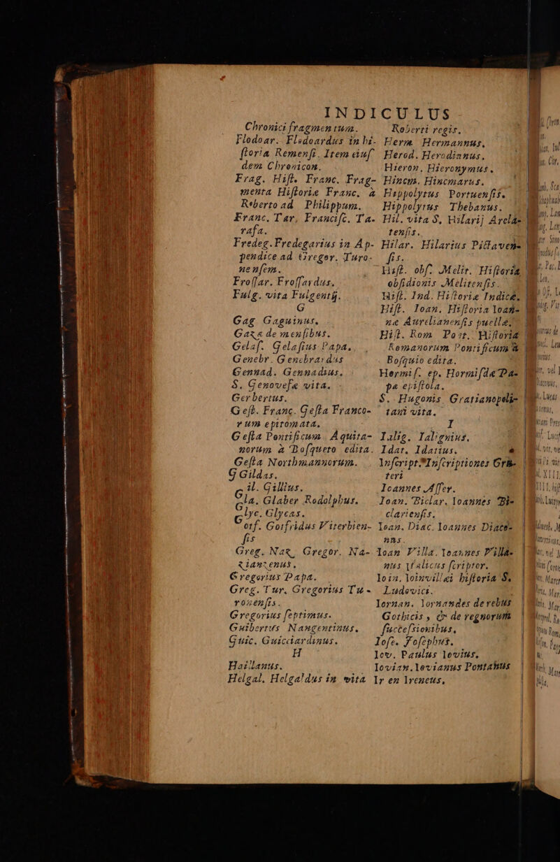 INDI Chronici fragmeniua. Flodoar.. Fladoardus 1n bz. floria Remenfi. Item auf deu Chronicon. Frag. Hifl. Frame. Frag- meuta Hiflorie Frasc. à Reberto ad. Philippum. Franc. Tav, Franafc. T a- r4fa. Fredeg.Fredegartus i2 Ap- pendice ad. (Gregor. Turo. ne n[en. Fro(lar. Froffardus. Falg. vita Fulgenti. G Gag Gaguinus. Gaz de menfibus. Gelaf. Gelafius Papa. G egebr . G encbrasrdas Gennad. Gennadius. $. Genovef« vita. Ger bertus. G eft. Franc. Gefla Franco- * Um epitomata. G efla Pontificum. Aquita- norum a 'BDo[queto edita. Ge[ta Nortbmannorum. C Gildas. G i. Gillus. la. Glaber Rodolphus. cU Glycas. fis CULUS Roberti regir. Herm Hermaunus, Herod. Herodianus. Hieroz, Hieronymus. Hincm. Hincmarus. Hippolytus Portuenfif. Hippolytus Thebanus. Hi. vita $, Hilari] Arcláz texís. Hilar. Hilarius Picfavene f.*- obfidiogis .Melitenfis. Hf]. Ind. Hiflorie Indice. Hifl. loan. Hifloria loam- ze Aurdianenfis puella, Bofguio edita. ? R 7 p« eisftota., tan ita. I Ialig. Ialigwius. ldat. Idatius. 2 lInfcript In[criptiones GrB- teri lcanues A fev. clarienfts. 255. &amp;iantenas. G regoriux Papa. Greg. Tur. Gregorius Tu - Yonenfis. Gregorius feptimus. Guibertus. Nangentinuts., G uic. Guicdardinus. nus t alicus fcriptor. Ludewvici. Gorbicis , c de regnorum f'ctefsionibus, Ha£lanus. I | |