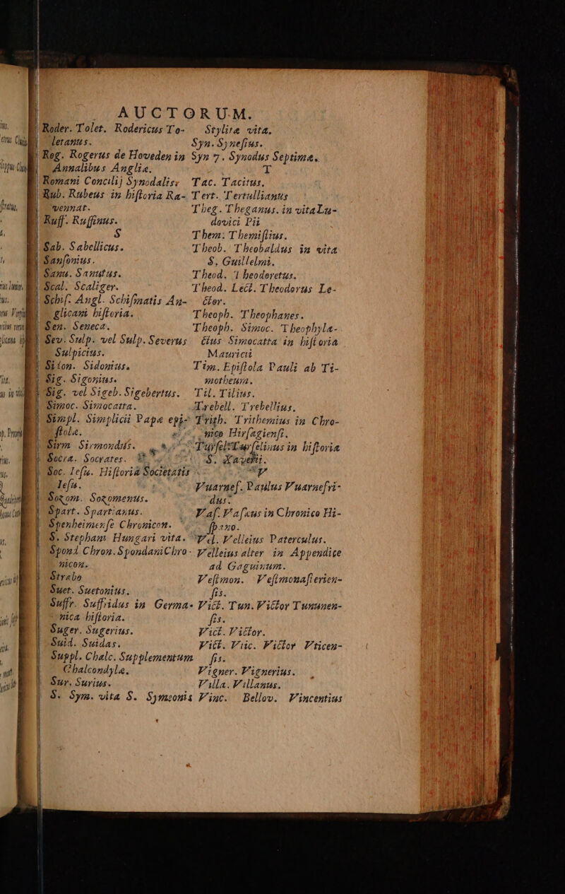 It, Jj. Pret — AUCTORU.M. Roder. Tolet. Rodericus To- — Stylite vita. | letanus. $3. Synefius. | Reg. Rogerus de Hoveden ig Syn 7 . Synodus Septima. Annalibus Anglis. T Romani Concilij $ynodaliss Tac. Tacitus. T beg. T heganus. in vitaLzu- dovici Pii $ Them: T hemiflius. Sab. Sabellicus T beob. Theobaldus ia wita | Sanfonius. $. Guillelmi. | Sanu. Sanutus. Theod. '1 beoderetus. Theod. Lect. Theodorus Le- IScbif- Augl. Schifimatis An-.— Gor. glicami hiftoria. Theoph. Theophanes. | Sen. Seneca. Theoph. Simoc. 'Y beophyla- | Sev. Sulp. vel Sulp.Severus — &amp;us Simocatta im lift ovia | — Sulpicius. Mauricii Siion. Sidouius. Tin.Epiflola Pauli ab Ti- | &amp;ig. Sigonins. anotbeuya. ISig. vel Sigeb. Sigebertus. — Til. Tilius. Simoc. Sisaocatta. Taebell. Yrebellins. Simpl. Simplicii Pape epiz Trith. Trithemius in Cbro- ftola. so5, uieo Hiragienft. Sim. Sirmoudds. ip hi. VER FO limes in biftoria | docrz. Socvares. 5i o9. d'agehu. Spart. Spartianus. Y af. V'a[«us in Chronico Hi- Spenbeiziex[e Chromcon. | fpazo. $. Stepham. Hungari vita. Yd. Velleius Paterculus. Spon. Chron. SpondaniChro- Yelleius alter. im. Appendite | 91c0z. ad Gaguinum. | étr«bo Ve[iinon. | V'efmoua[fierien- Suet. Suetonitis. Lt | Suffr. Suffidus in. Germa- Viti. Tun. Victor Tuuunen- mca hiftoria. fís- Vid. Vidor. l Fitt. Vic. Fitdon Vticez- || Suppl. Chalc. Supplementum fis | /— Chalcozdyla. Figner. Vignerius. | Sur. Surius. Villa. Villanus. | 8« Sym. vita S. Sysaponis V'iuc. Bellov. Vincentius Suger. Sugerits. Suid. Suidas.  —À——M MIHI REI DRRANRIS er RE ULEE iee con m OCC ER aiorai