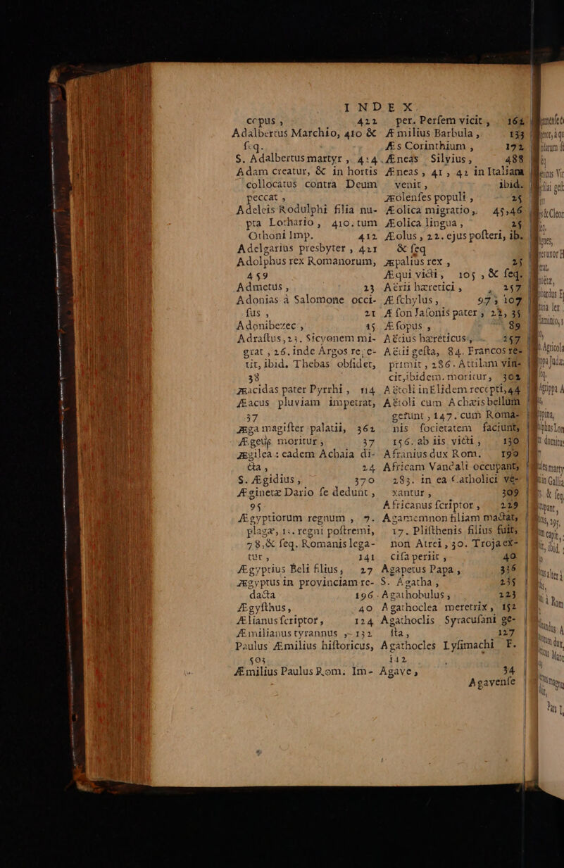 IUNIDUESAX Othoni Imp. 412 Aolus, 22. . ejus pofteri, ib. Adclgarius presbyter , 411. — &amp; feq Adolphus rex Romanorum, gepalius rex , 2j 459 Aquividi, 105;,&amp; Él Admetus , 13 Aeri haretici , . 108 Adonias à Salomone occi- /Efchylus, 975 1072 fus , 11 A ÍfonJa(onts pater ; 22, 3$ À denibezec , 15. 7E fopus , 89 Adraílus,23. Stcyonem mi- A&amp;dus haréticus, 2$7 | 38 citibidem. moricur, 30£ Zgicidas pater Pyrrhi ,. 04. A cteli inElidem recepti; 44 [&amp;acus pluviam impetrat, A&amp;roli cum Achzis bellum 37 gerunt, 147. cum Roma- zmgamagifter palatii, 361 vis LGBELEANRS faciunt, fF gel tdt Ut a 37 rs6.ab iis victi , 130 JEgilea : eadem Achaia di- Afraniusdux Rom. | r99 SUM 24 Africam Vancalt occupant; S. /£gidius , 370 285. in ea Catholict v&amp; J£ sineue Dario fe dedunt, —xantur, 209 LPS À ficaniss fcriptor, | 229 gypuorum regnum , $. Ásamemnonfiliam madlat, E 1:. regni poftremi, | 17. Plifthenis filius fuit; 78, feq. Romanis lega- non Atrei, 30. Troja ex- tut , 141 Cifaperlit , 40 A gyprius Écli filius; | 27. Agapetus Papa , 316 JEgy UN in provinciam re- S. À gatha , 235 da&amp; 196. Agaihobulus , 223 xia, 40 Agathoclea meretrix, 1$2 4E lianus fcriptor , 124 Agathoclis Syracufani ge- Amilianustyrannus ,-132 ta, 127 Paulus Zmilius hiftoricus, Agathocles Lyfimachi F. $03 142 4Emilius Paulus .om; Im- Agave, 34 Agavenfe ccpus , 4i1 Pper.Perfem vicit , — 164 Adalbertus MEM 410 &amp; ' milius Barbula, 133 | f:q. &amp; s Corinthium , 172 | S. Adalbertus martyr , 4:4. A&amp;neas Silyius, 488 | Adam creatur, &amp; in hortis Zneas, 41, 42 in Italiam Jj collocatus contra Deum - venit, ibid. peccat , J&amp;olenfes populi , 2$ Adeleis Rodulphi filia nu- /£olica migratio, — 45,46 pra Lochario, 410.tum JEolica lingua , 2$ p lh