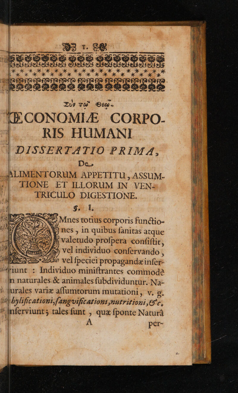 Zu T £t « NOMLE CORPO. | RN HUMANI | | DISSER TATIO PRIMA, De, GALIMEN. TORUM APPETITU , ASSUM- | 7 JAIONE ET ILLORUM IN VEN- TRICULO DIGESTIONE. Hi VA E NS ; Mnes totius corporis functio- M nes , in quibus fanitas atque aes en P valetudo profpera confiftit, ANS eee 2/7 vel individuo confervando , DNE -— 26 vel Ípeciei propaganda infer- D 4riunt : Individuo miniftrantes commode In naturales.&amp; animales fubdividuntur. Na- i. |jurales varie affumtorum mutationi, v. g. (as hbylifrcatzoni, [an vificationt nutritioni ,es9 6 !Inferviunt; talesfunt , qux fponte Naturá | A per- |