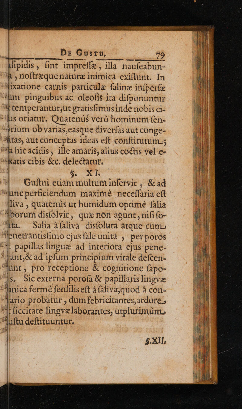 Mipidis, fint impreffz , illa naufeabun- | B ; noftrzquenaturz i inimica exiftunt. In ixatione carnis particule falinz infperfe ihm pinguibus ac oleofís ira difponuntur i temper antur,ut gratisfimus inde nobis ci- iis oriatur. Quatenus véró hominum fen- VMrium ob varias,easque diverías aut conge- litas, aut conceptas ideas eft conftitutum ; ila hic acidis, ille amaris, alius coctis vel e- atis cibis &amp;c. delectatur. 1 $, Xl U^ Guftui edam multum infervit , &amp;ad Iincperficiendum máaximé neceffaria eft lliva , quatenüs ut humidum optimé falia IIborum disfolvit ; que non apunt, nififo- hta. — Salia àfaliva disfoluta atque cum» I enetrantisimo ejusfale unità ;' perporos 94. papillas lingue ad interiora ejus pene- ; P Jano ad ipfum principium vitale defcen- hnt, pro receptione &amp; cognitione fapo- js. Sicexterna porofa &amp; papillaris lingva Jinica fermé fenfiliseft àfalivaquod à con- Jario probatur dum febricitantes,ardore ; It ficcitate lingvzlaborantes, utplurimüm. U bits deftituuntur. | $.XIl,