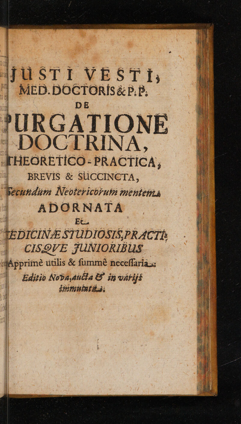 lrusri VESTI, MED. BOTOMAEE B. JURGATIONE 1 DOCTRINA, rione rico- PRACTICA; ! BREVIS &amp; SUüCCINCTA, etunduns Neboiricbrul menieliA ADORNATÀ EC. t TEDICINAE STUDIOSISPR ACTÉ | CIS9VE JUNIORIBUS i Jápprime utilis &amp; fummé neceffaria.; Editio Noa Mucla E. js váfijs ipmuíatáa; mr r «cx I sadi DOMCEEd-a c: SEES M—