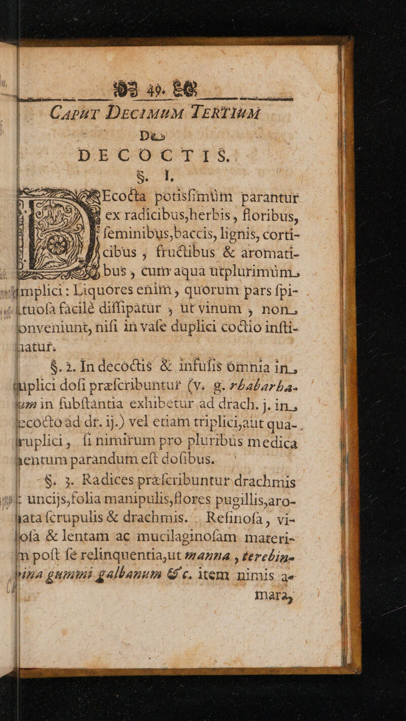 | 934.9 —— B Caput 4r DictMUuM TERTIUM | Di DECOCTIS S. d. NOSEcocta potsfimüm parantur » : A LAN PO WS ex radicibusherbis, floribus, 2: SX f feminibus,baccis, lignis, corti- /! B CIDUS , fructibus &amp; aromati- A bus, cum aqua ütplurimün (/Atuofa facilé diffipatur ,. ut vinum ; non. bnveniunt, nifi in vale duplici coctio infti- patur. | 8.3. In decoctis &amp; infüfis ómnia in, gupha dofi praícribuntur (v. g. zéafarba. jun in fubftantia exhibetur ad drach. ]- is Iruplic ; íi nimirum pro pluribüs medica lentum parándum eft do(ibus. ^&amp;. 3. Radices pr&amp;fcribuntur drachmis lata fcrupulis &amp; duae ris. MA ; Vi- lofa.&amp; lentam ac mucilaginofam. materi- m poft fe relinquentia,ut 4 HIADHA y tereline juna gniutui galbauum &amp; c. Xem nimis ae mara,