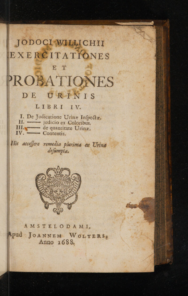 JODOCGI WHAICHII Ipxr iE ITATÍONES E T PRO BA TIONE ES DE ÜR-INIS LIBRI IV. I. De Judicatione Urinz Infpe&amp;z, 1L —— judicio ex Coloribus, Illy de quantitate Urinz. IV. ——- Contentis, | | | | wm 1 E EU «UE AMSTELODAMI, feud Jo&amp;NNEM WorLTERS; Anno 1698,