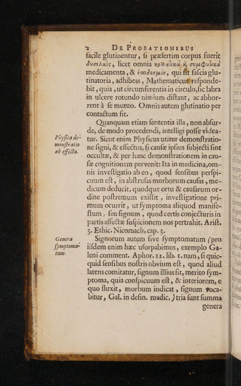 Phyfica de- gnon[tr atio ab effecía. Genera fyraptoma- fum. 2 Dg PRonpATIONIBUS facile glutinentur, fi przfertim corpus fuerit d'uct Axis , licet omnia X924 3:00 2 cv vla medicamenta , &amp; £zmecgucv, qui fit fafciaglu- tinatoria , adhibeas , Mathematicus*refponde- bit , quia , ut circumferentia in circulo,fic labra in ulcere rotundo nimium diftant, acabhor- rentà fe mutuo. Omnisautem glutinatio per contactum fit. Quanquam etiam fententia illa , nonabfur- de, de modo procedendi, intelligi poffe videa- tur. Sicut enim Phyficus utitur demonftratio- ne figni, &amp; effectus, f1 cauíz ipfius fubjecti fint occultz, &amp; per hanc demonftrationem in cau- f cognitionem pervenit: Ita in medicina,om- nis inveftgatio ab eo, quod fenfibus perfpi- cuum eft, inabítrufas morborum caufas , me- dicum deducit, quodque ortu &amp; caufarum or- dine poftremum exiíüt , invefligatione pri- reum ocurrit , utfymptoma aliquod manife- ftum, feufignum , quod certis conje&amp;uris in partisaffe&amp;te fufpicionem nos pertrahit, A rift. 3. Ethic. Nicomach. cap. 3. Signorum autem five fymptomatum (pro iifdem enim hzc ufurpabimus , exemplo Ga- leni comment. Aphor. 12. lib. 1. nam, fi quic- quid fenfibus noftris obvium eft , quod aliud latens comitatur, fignum illius fit, merito fym- ptoma, quia confpicuum eft, &amp; interiorem, e quo fluxit, morbum indicat , fignum Yoca- bitur, Gal. in defin. masdic. ) tria funt fumma cenera