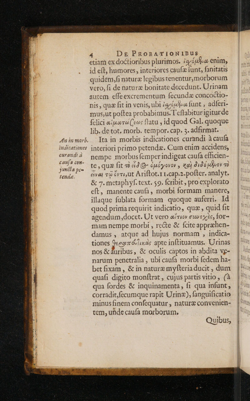 indicationes curandi à caufa con- juntia pee tenda. 4 Dg PRosATIONIDUS | etiam ex doctioribus plurimos. ;4/4j«« enim, id eft, humores, interiores cauíz funt, fanitatis quidém,fi naturz legibus tenentur,morborum vero, fi de naturz bonitate decedunt. Urinam autem effeexcrementum fecunda concoctio- nis, que fit in venis, ubi iaotova funt , adferi- mus;ut poftea probabimus. T'effabitur igiturde felici eiporro (soc flatu , id quod Gal. quoque lib. de tot. morb. tempor. cap. 3. adfirmat. interiori primo petendz. Cum enim accidens, nempe morbusfemper indigeat caufa efficien- te, quz fit &amp;d Q» iudsyavov , 3g) dido oov vo éva| và vri, ut Ariftot.r r.cap.2.pofter. analyt. eft, manente caufa, morbi formam manere, illaque füblata formam quoque auferri. Id quod prima requirit indicatio, quz , quid fit agendum docet. Ut vero aiziov euvex e, for- mam nempe morbi , rete &amp; fciteapprehen- damus , atque ad hujus normam , indica- tiones 9«earz'évlixos apte inftituamus. Urinas nos &amp;duribus, &amp; oculis cáptos in abdita vg- narum penetralia , ubi caufa morbi fedem ha- bet fixam , &amp; in nature myfteria ducit , dum quafi digito monftrat , cujus partis vitio (à qua fordes &amp; inquinamenta, fi qua infunt, corradit,fecumque rapit Urinz), fanguificatio minus finem confequatur , natur? convenien- tem, utde caufa morborum. Quibus,