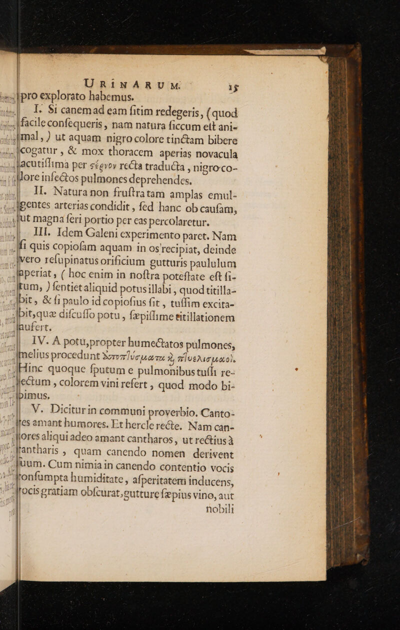 ||. l | URINARUM 1$ ws Ipro explorato habemus. | «| I: $i canemad eam fitim redegeris, (quod ij] facile confequeris , nam natura ficcum elt ani- j Amal, ) ut aquam nigro colore tinctam bibere «is |€ogatur , &amp; mox thoracem aperias novacula «4 facutiffima per s£evov recta traducta ; Digro'co- ^i sMore infe&amp;os pulmones deprehendes. 4] Hi. Naturanon fruftratam amplas emul- ;. gentes arterias condidit , fed hanc ob caufam, ,, Ut magna feri portio per eas percolaretur. |. HI. Idem Galeni experimento parct. Nam .ffi quis copiofam aquam in os recipiat, deinde Jvero refupinatus orificium gutturis paululum ,Bperiat , ( hoc enim in noftra poteflate eft fi- ,JFum, ) fentietaliqnid potusillabi , quod titilla- ; dbit ; &amp; fi paulo id copiofrus fit , tuífim excita-  bit;quz difcuffo potu , fzpiíTime titillationem |nufert. ||. 1V. A potu,propter humectatos pulmones, | -Imelius procedunt Aon veo x, mIoeAuc uoto). JJHine quoque fputum e pulmonibus tuffi re- .le&amp;um , colorem vini refert , quod modo bi- pimus. I V. Diciturin communi proverbio. Canto- 11 Mes amant humores. Et herclerecte. Nam can- ^ Noresaliqui adeo amant cantharos , utrectiusà V ffantharis , quam canendo nomen derivent ^ Juum. Cum nimia in canendo contentio vocis »dronfumpta humiditate , af, peritatem inducens, ;Jrocis gratiam obfcurat, gutture ífzpius vino, aut nobili
