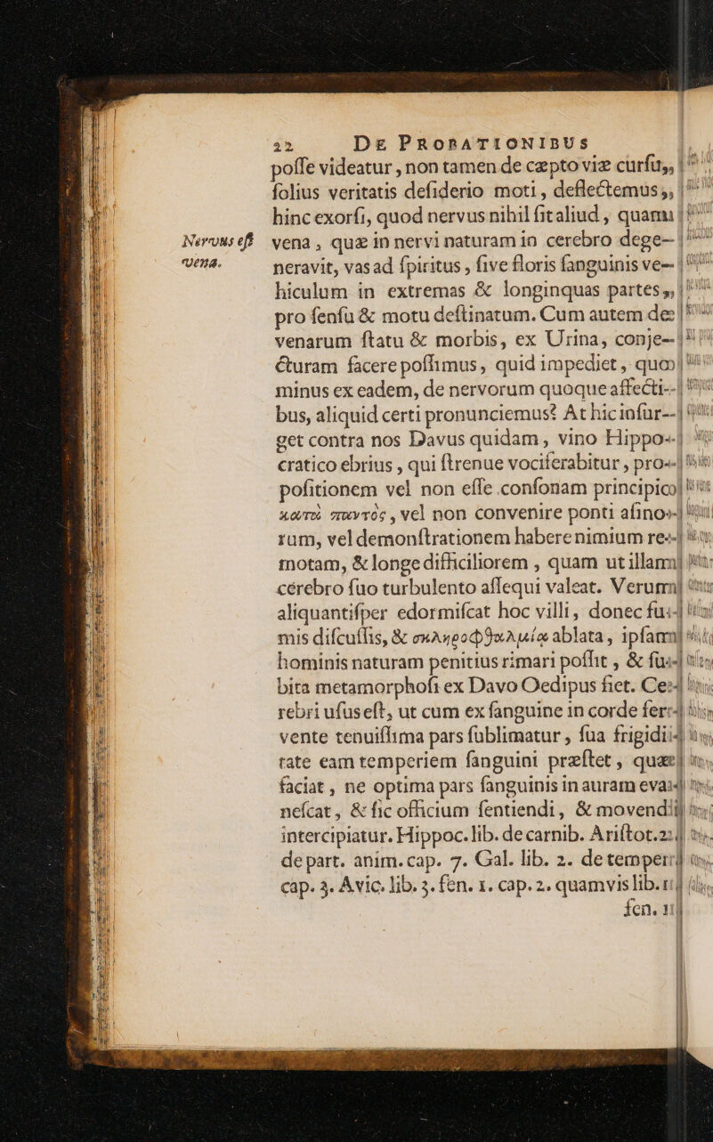 poffe videatur , non tamen de cepto viz curfus, 1^ folius veritatis defiderio moti , defle&amp;emus, |^ hinc exoríi, quod nervus nihil fitaliud , quami | 1^ vena. neravit, vasad fpiritus , five floris fanguinis ve-- | ^ hiculum in extremas &amp; longinquas partes y | ^^ pro fenfu &amp; motu deftinatum. Cum autem de: | * venarum ftatu &amp; morbis, ex Urina, conje-- |! Curam facere pofhimus, mnids impediet, jupe on minus ex eadem, de nervorum quoque affecti--| bus, aliquid certi pronunciemus? At hic infur--| (0 get contra nos Davus quidam , vino Hippo«| ' cratico ebrius , qui ftrenue vociferabitur pro». pofit tionem vel non effe confonam principio! «dmi Tvr65 , vel non convenire ponti afino»-] i rum, vel demonftrationem habere nimium re--] ur motam, &amp; longedifficiliorem , quam ut MM Rt: cérebro fuo turbulento diari valeat. Verum] ! aliquantifper edormifcat hoc villi, donec fu«-] ita mis difcuffis, &amp; muAnpodpduA uie: ablata, ipfam] * T hominis naturam penitius rimari poffit , &amp; fui i: bita metamorphofi ex Davo Oedipus fiet. Ce: ]is. rebri ufuseft, ut cum ex fanguine in corde ferc 5i vente tenuiflima pars (iiic fua frigidii 1: lw rate eam temperiem fanguini praftet ; qua : faciat , ne optima pars fanguinis in auram evau Ivi neícat, &amp; fic officium fentiendi, &amp; movendi) n licei intercipiatur. Hippoc. lib. decarnib. Ariítot.z: D. t de part. anim. cap. 7. Gal. lib. 2. detemper:] v cap. 3. Avic. lib. 5. fen. 1. cap. 2. quamvis lib.t:| (d a || fen. 1 |