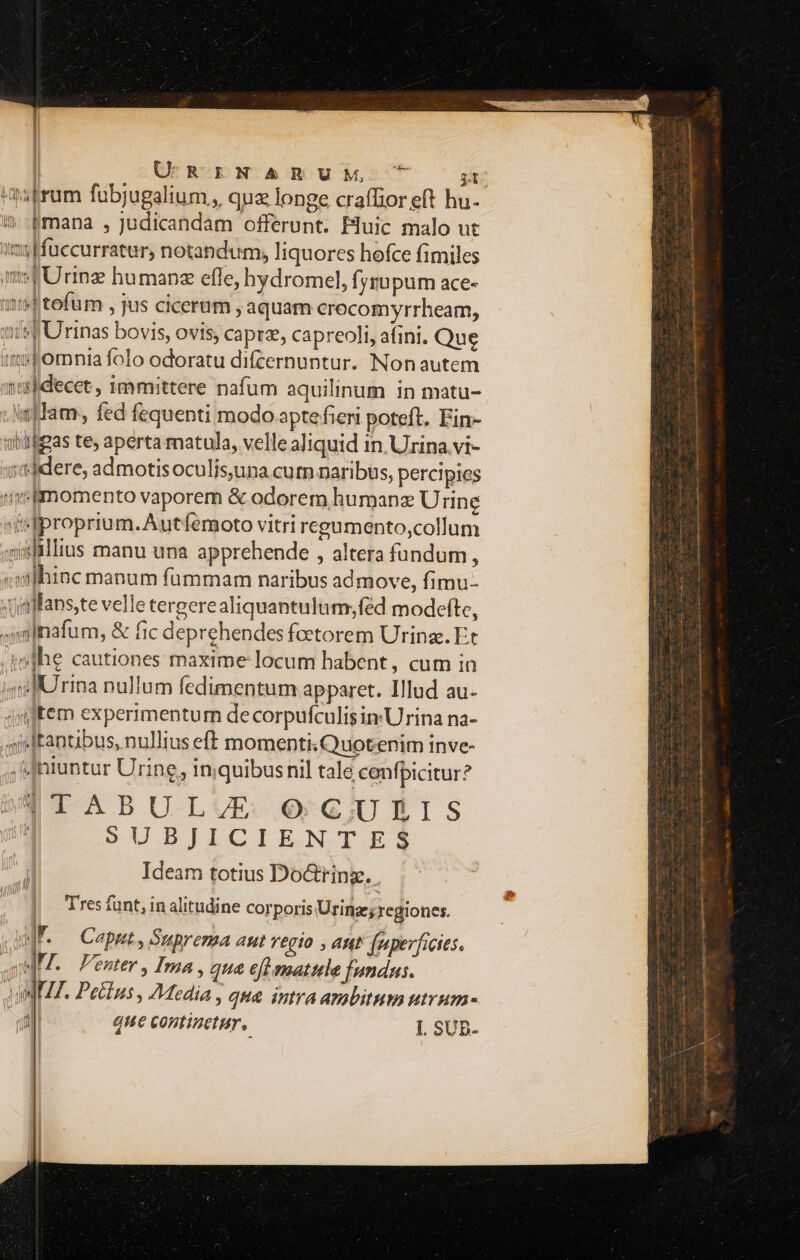 | UR:NARUM C git: ioafrum fubjugalium,, qua longe craflior eft hu. ! [mana , judicandam offerunt. Pluic malo ut im)][fuccurratur, notandum, liquores hofce fimiles mspUring humanz effe, hydromel, fjrupum ace- (5 tefüm , jus cicerum, aquam crecomyrrheam, qid Urtinas bovis, ovis, capra, capreoli, afini. Que im fomnia folo odoratu difcernuntur. Nonautem ntl decet , immittere nafum aquilinum in matu- wjIam, fed fequenti modo aptefieri poteft. Fin- wüfpas te; aperta matula, velle aliquid in Urina .vi- «tdidere, admotisoculis;una curn naribus, percipies y«fmomento vaporem &amp; odorem humanz Urine «telproprium.Autfemoto vitri regumento,collum lius manu una apprehende , altera fundum, «wilhinc manum füummam naribus admove, fimu- JXysplans,te velle tergerealiquantulum, fed modefte, aalnafum, &amp; fic deprehendes foetorem Urinz. Et .4o]he cautiones maxime locum habent, cum in is] rina nullum fedimentum apparet. Illud au- ;jjffem experimentum de corpufculis in'Urina na- qisdtantibus, nullius eff momenti.Quotenim inve- ;Joruntur Urine, in;quibusnil tale cenfpicitur? MIABULUE € GUAMIS : SUBJICIENTES Ideam totius Do&amp;rinz.. Tres funt, in alitudine corporis Urinze; regiones. WF. — Caput, Suprema aut vegio , aut (uperficies. quM. Fenter, Ima, qua eft mattule fundus. JU. Peclus , Media , qua. intra ambitum utrum- ni que continetur. I SUD.