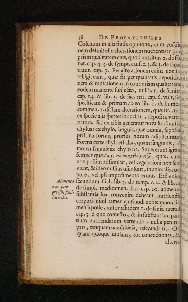 A:Àumnenta non funt pror| us fimi- [ia nobis. 18 Dg PRonBATIONIBUS Galenum in alia fuiffe opinione, cum co&amp;iid,.; nem definit effe alterationem nutrientis in prrq4;i priam qualitatem ejus, quod nutritur, 2. de fzalku nat. cap. 4. 3. de fympt. cauf. c. 3. &amp; 3. de faguijs; natur. cap. 7. Peralterationem enim non iiij) telligiteam , quz fit per qualitatis depofitiij;:. nem &amp; mutationem in contrariam qualitateruj,, . eodem manente fubje&amp;o , ut lib. r. de femi)... Cap. 14. &amp; lib. 1. de fac. nat. cap. 6. vult, fic), .. fpeciicam &amp; primam ab eo lib. 1. de humo... commen. r. dictam alterationem, qua fit, cuup;.. ex fpecie alia fpecies inducitur , depofita vete. natura. Sic ex cibis generatur nova fübftantii,.. chylus: ex chylo, fanguis, que omnia, fepofiit...., priftina forma, proríus novam adipifcuntui.... Forma certe chyli eft alia , quam fanguinis , «&amp;j.... tamen fanguisex chylo fit. Supererunt igitul];. femper quzdam T mE eAT Io d i ; Qua, cuti; non pof'int adfimilari, vel vegetationi non fet]; vient, &amp; ideo nullius ufus funt , in animalis coo... pore , velipfi impedimento erunt. Etfi eniti... lecundum Gal. lib.s. de temp. cz. &amp;lib.z4l, de fimpl. medicamen. fac. cap. 10. aliment: fubftantia fua. convenire debeant nutriendio. corpori, nihil tamen ejufmodi nobis apponi iiij. menfa poffe , autor eft idem r. de fanit. tuencd m Cap. 3. € quo comefto , &amp; in fübftantiam pari]. tium nutriendarum vertendo , nulla penitul pars , tanquam zee/Tevcov li, refecanda fit. On Jn quam quoque caufam, tot concoCtiones , 45 M alteraqp ul