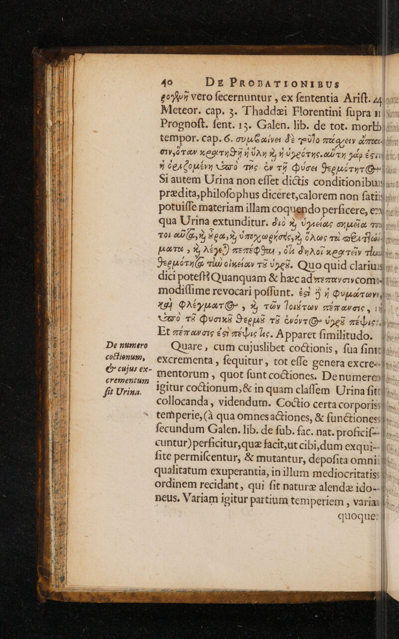 De numero cotfienum, €» cujus ex- cremenium fft Urina. 40 Dg PRopnATIONISBUS efi vero fecernuntur , ex fententia Arift. 241. Meteor. cap. 3. Thaddzi Florentini füpra m |i: Prognoft. fent. 13. Galen. lib. de tot. morbis tempor. Cap. 6. evuGaive dé qe)lo Te aeree don 01V 0T 4 xearioa n UAA ü 5 U9eoTte QU T 3a €s iili 5 óeACoMévu x eayo Tue 6p T2 ica 9seuéryr rds Si autem Urina non effet dictis conditionibus. predita,philofoph us diceret,calorem non fatiis;^ potuiffe materiam illam coquendo perficere, ex ..: qua Urina extunditur. 26 à, éjseiac oyuéios 215; T0! e (go R60 ,H, Um worade, OA G6 TE GA Goo pAVTX. y Abe) mem QUI 0A duAOi xearáv alodio s Oeeuora (os lu oiuetaw 8 /5e8. Quo quid clarius; dici potefi Quanquam &amp; hzec ad vrezeveiwcomwdit; modilIime revocari poffunt. 24 3 j Qupd T ovid Xd) QAéy har (Gr , X, TOV Toi yay ZETONOI , ii | vuro TÉ vaixS Seu TE Guivr(D» Joe8 médicos. Et zézavaie 8 acis lie. Apparet fimilitudo.. |i«; Quare, cum cujuslibet co&amp;tionis , fua fintt] s. excrementa , fequitur, tot effe genera excre--]»s; mentorum , quot funt coctiones. De numeroollis. igitur coctionum,&amp; in quam claffem Urina fittdos collocanda , videndum. Coctio certa corporiss] | temperie, (à qua omnesa&amp;iones, &amp; functiones] na cuntur)perficitur,quz facit,ut cibi,dum exqui-- fr. fite permifcentur, &amp; mutantur, depofita omnii fj qualitatum exuperantia, in illum mediocritatis: I , ordinem recidant, qui fit naturz alendz ido-- 1... neus, Variam igitur partium temperiem , varia: | quodque: pa