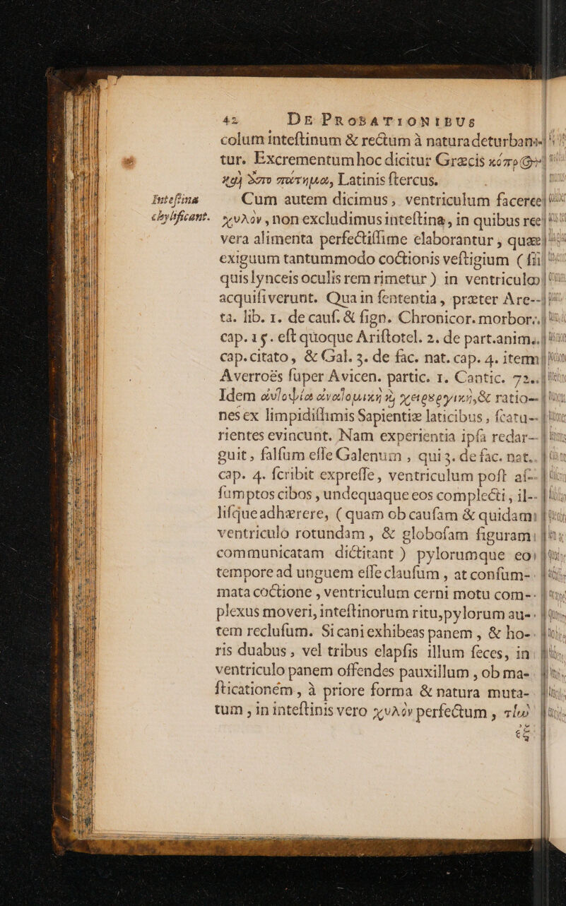 Intefzima chyificant. Dr PnosAT:0NIBUs colum inteftinum &amp; rectum à naturadeturbans-l^ tur. Excrementumhoc dicitur Grzcis xóro | xg) Sero seruo, Latinis ftercus. n Cum autem dicimus, ventriculum facerce| 0 Xov , non excludimus inteftina, in quibus ree]!!! vera alimenta perfectillime elaborantur , quae) exiguum tantummodo co&amp;ionis veftigium ( fiij quislynceis oculis rem rimetur ) in ventriculoo |? acquifiverunt. Qua in fententia , przeter Are--]U ta. lib. 1. decauf. &amp; fign. Chronicor. morbor;.] i: cap. 15. eft quoque Ariftotel. 2. de part.anim.. |! cap.citato, &amp; Gal. 3. de fac. nat. cap. 4. iterm] o Averroés fuper Avicen. partic. 1. Cantic. | Idem avlodía &amp;vollopuax x, ore eg etii &amp; ratio-- | li nes ex limpiditfimis Sapientize laticibus , fcatu-- [uns rientes eviacunt. Nam experientia ipfa redar— | i: guit , falfum efle Galenum , qui. de fac. nat.. ] Cap. 4. fcribit expreffe , ventriculum poft. aí-. | fumptos cibos , undequaque eos completi , il-- |l. lifqueadhzrere, ( quam ob caufam &amp; quidam; | 4. 2, [ e 5 MUN /*5989B8-^^ ventriculo rotundam , &amp; globofam figuram |: communicatam |: dictitant ) pylorumque eo: jiu tempore ad unguem effe claufum , at confum- . |i; mata coctione , ventriculum cerni motu com-- 13 plexus moveri, inteftinorum ritupylorum au [y rem reclufum. Sicaniexhibeas panem , &amp; ho-. |; ris duabus , vel tribus elapfis illum feces, in: ji: ventriculo panem offendes pauxillum , ob ma- fticationém , à priore forma &amp; natura muta- tum , in inteftinis vero xA» perfe&amp;um , s1j eq