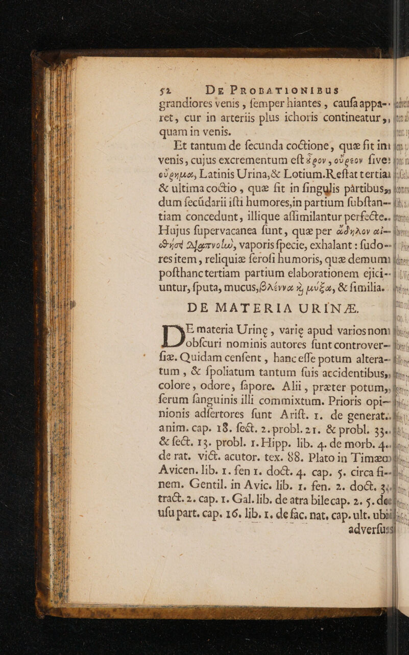 $i Dg PRonaATi0NIBUS grandiores venis , femper hiantes , caufaappas kii ret, cur in arteriis plus ichoris contineatur ,, (íi quam in venis. t Et tantum de fecunda coctione, que fitim jo; venis, cujus excrementum eft 2 eov , cdesoy five: pir cv eo Latinis Urina,&amp; Lotium.R effat tertia |. &amp; ultima co&amp;tio , quz fit in fingulis pártibuss, ja dum fecüdarii ifti humoresin partium fubftan-- [i tiam concedunt, illique affimilantur perfecte. fao Hujus füpervacanea funt, que per &amp;sAov ai-- ji Sod 2Jgarvolw, vaporis fpecie, exhalant : fudo--| jj; resitem , reliquie ferofi humoris, que demum [i pofthanctertiam partium elaborationem ejici--] 1. untur, fputa, mucus,QAévva z, uia, &amp; fimilia. : bis. DE MATERIAURINJE — | D materia Urine , varie apud variosnom fix; obfcuri nominis autores funt controver-- ];: fie. Quidam cenfent , hanc effe potum altera-- fi. tum , &amp; fpoliatum tantum fuis accidentibus, lr». colore , odore, fapore. Alii, prater potum; ferum fanguinis illi commixtum. Prioris opi--]; nionis adfertores funt Arift. r. de generat..] ! Ihe NN Ww BO MUN anim. cap. 18. fect. 2. probl. 21. &amp; probl. 33..]i &amp; fect. 13. probl. r. Hipp. lib. 4. de morb. 4..] de rat. vict. acutor. tex. 88. Plato in Timzo li. Avicen. lib. 1. fen 1. dot. 4. cap. 5. circa fi--]a. nem. Gentil. in Avic. lib. zr. fen. 2. do&amp;t. 34]. tract. 2. cap. r. Gal. lib. de atra bilecap. 2. 5. dee]... ufu part. cap. 16. lib. x. defac. nat, cap. ult. ubii[;:. -. . adverfusg
