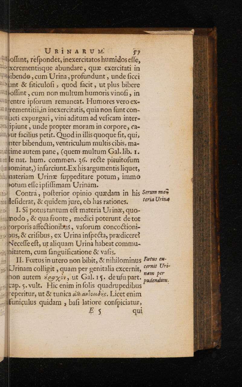 | | | URiINARUWM $7 :yoffint, refpondet, inexercitatos humidos effe, Mxcrementisque abundare, quz exercitati in cjibendo, cum Urina ,profündunt, unde ficci lint & fiticulofi quod facit , ut plus bibere siloffnt ,cum non multum bii vinofi , in Mentre ipforum remaneat. Humores vero ex- iillrementitiiIn Inexercitatis, quia non funt con- iieti expurgari , vini aditum ad veficam inter- Mipiunt , unde propter moram in corpore, ca- iifyput facilius petit. Quod in illis quoque fit, qui; inter bibendum, ventriculum multis cibis, ma- ndi ime autem pane, (quem multum Gal.lib. 1. ale nat. hum. commen. 36. recte pituitofum apos) infarciunt.Ex hisargumentis liquet, ijnateriam Urinz fuppeditare potum , immo botum efle iw mam Urinàm. eh derat, & quidem jure, ob has rationes. I. Si potustantum eft materia Urinz, quo- injdmodo , & quafronte , medici poterunt detot D tifforporis affectionibus, vaforum concoctioni- »Jpus, & crifibus , ex Urina infpecta, przzdicere? Mseceffe eft, ut aliquam Urina habeat commu- difhitatem, cum fanguificatione & vafis. i Ii. Foetusinutero non bibit, & nihilominus si AM Jrinam colligit , quam per genitalia excernit, '' [non autem sexo, ut Gal. 1 $. deufu part. «dap. s. vult. Hic enim in folis quadrupedibus AMreperitur, ut & tunica 2 awloeid zc. Licet enim allfuniculus quidam , bafi latiore confpiciatur, E s qui teria Urine Fetus ex- n Urt- 7; pev vidi