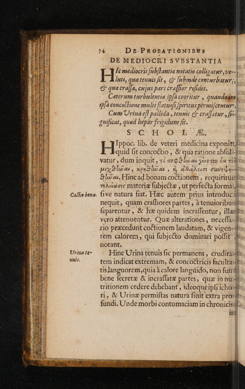 Cuffie bono. Uvina it- Wu. Dr PROsBATIÓNIBES DE MEDIOCRISVBSTANTIA |^ H Tc tmediocris [ub[lantia notatio colliratur ,ve-- luti, qua tentis fit , c [nbinde comurbatur.,). e qua cra[Ja, cujus pars cra[[ror vefidet. , Caterum turbulenta ipfa cooritzr , quando n ip[a concotlione multi flatuofs [pirius permi[cemtur) Cum Crina eff pallida , tenis c era[fatur 4 fii]... fA SQ RISO Hie lib. de veteri médicina exponitt)lon quid fit concoctio , &amp; qua ratione abfolAfu vatur , dum inquit , vo zeQ9 lu zu eve qeu &amp;c min pix Sla, xondlion , X, diim. cupiens tn S leo. Fincad bonam coctionetm , requirituimus T:Aeeeie materig fubjecte , ut perfecta formari: five natura fiat. FIzc autem prius introduci nequit, quam craffiores partes , à tenuioribussliur feparentur, &amp; hz quidem incraffentur , illacfte vero attenuentur. Qus alterationes , neceffa:Jur 110 przcedunt coctionem laudatam, &amp; vigen-hi; tem calorem , qui fubjecto dominari polit. Jf notant. m Hinc Urina tenuis fic permanens , cruditaidis. tem indicat extremam, &amp; concoctricis facultati. tislanguorem,quia à calore langdido, non fum] i bene fecretz &amp; incraffate partes, quz 10 nuit tritionem cedere debebant , ideoqueipfi ichoXl ri, &amp; Urine permiftas natura finit extra pro» fundi. Unde morbi contumaciam in chronicisslLi; i in]