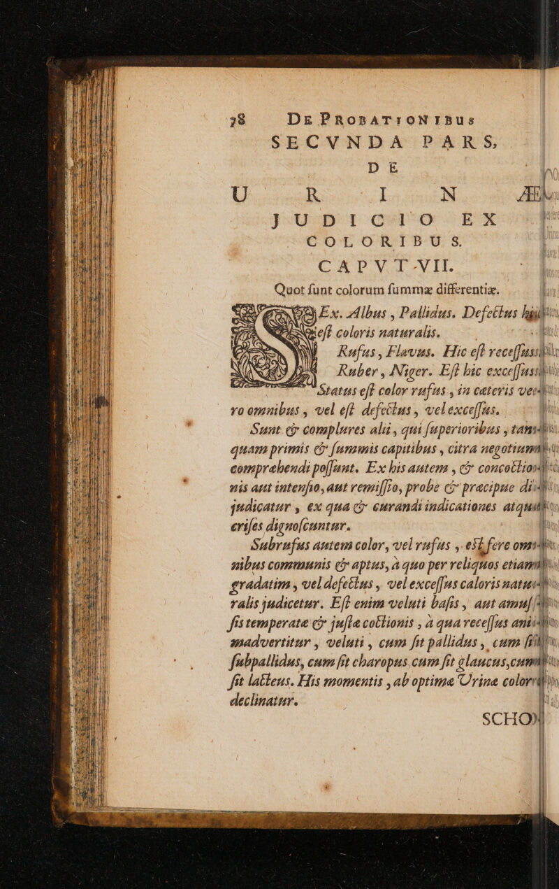 Dg PRosAT:ON I Bus SECWVNDA PARS D E j U R I N ZEN (UD I OQv1-O EX r COLORIBUS i CADPV T-VII. Quot funt colorum fummz dV Nr «x: dui aee Pati Rufus, Flavus. Hic eff redi sii Rubtr , Niger Eft bic exce[fusshis tatis eff nk VHÍUs., in ceteris verd: vo omnibus , vel eft defeélus , velexce[faus. a Sunt. c complures alii , qtii (fuperioribus ; tans : quam primis e [unimis pàbitibus, citra negotium comprabendi polfant. Ex bis autem , c concotliond« nis aut inteufuio, aut vemi[[o, probe c£ pracipue diy: judicatur , ex qua c eurandi indicationes atquitko: eri[es diguo[cuntur. ilis Subrufus autem color, vel rufus ,.e5i : fere onde. nibus communis (5 aptus, à quo per reliquos etiam: vadatim , vel defe&amp;us , wel exce[fus caloris natus fistemperate c ju[la co&amp;lionis , a qua rece[[us ami? anadvertitur , veluti , cum fit pallidus , cum fill fubpallidus, cum frt ebavopus.cum frt glaucus,cumi fit la&amp;leus. His momentis , ab optima rime colornbin declinatur.