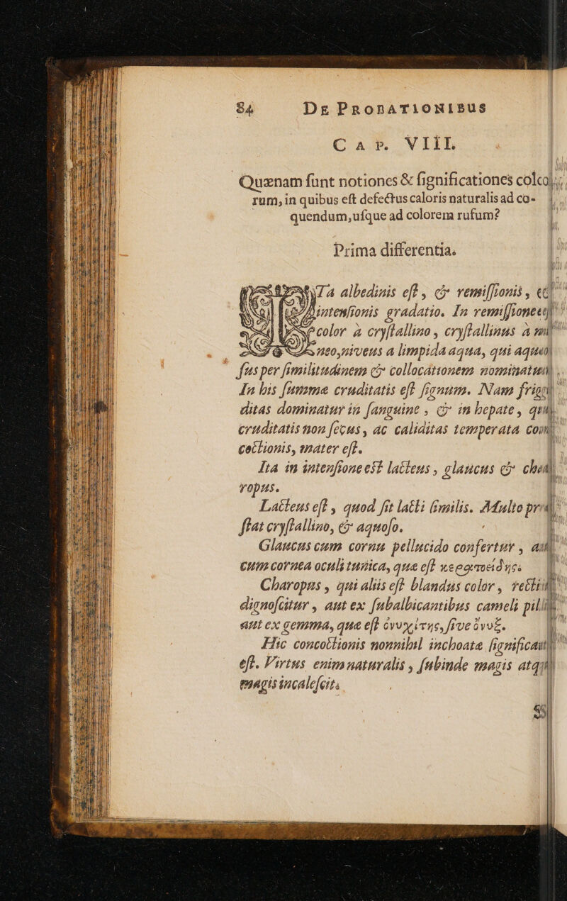 C A P. VIIL Quanam funt notiones &amp; fignificationes cola; rum, in quibus eft defectuscalorisnaturalisad co- — |. quendum, ufque ad colorem rufum? : Prima differentia, Tn dpiutenfi onis gradatio. In vemi[f; Toneeny | D Y color à cry[ftallino , cryftallinas a m 3 54s 190,7iveus a limpidaaqua, qui aqua) fusi per f Jrmiluudinem c? collacattonem: nominatum) . In bis [umime. cruditatis eft. fenum. Nam frignl ditas dominatur ia [anguine , c in bepate , qui) erttditatis non fecus , ac caliditas temperata cou j| cetlionis, mater eff. » Jta in intenfione est laéteus , glaucus c choil | vopus. Lacteus eft , quod fet lacti (milis. dom pr M flat evyflallizo, &amp; aquo[o. r Glaucus cum cornu. pellucido eoofertmr, au CH9L cornea oculi tuiica, qua eft ws eoimoadue: hh Charopus , qni aliis ef blandus color , feti 1 | » yexapownTa albedinis eff , c venil]onis , «d digno[citur , aut ex: fubalbicantibus cameli pill «ut ex gemma, qua e[f oves ivuc, fre ivo. Klic. concotlonis nomnilil inchoate fignificasl]  eft. Pirtus. enimnaturalis , fubinde magis atq; ^ magisincalefeits TE | 1 SS