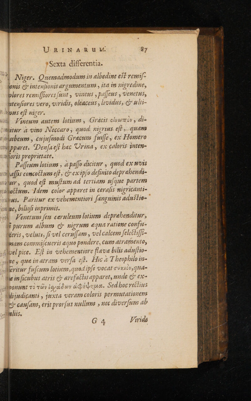 U RINARUAM $7 Sexta differentia. 1 Niger. Quemadmodum in albedine esi remi[- joris c? inten[ronis argumentum , ita in nigredine, plores resai[fFores [unt , vineus , pa[Jeus , venetus, Wtenfiores vero, viridis, oleacens , lividus, c alti- ! gts ef piger. (dd Faneums autem lotum , Grácis olyerzv , di- Dulgtur. a: vino INeccaro quod. nigrius eff ,..quam Wesbenm , cujufmodi Graecum fuiffe , ex Homero mil parer. SDez[aeft bac Urina , ex caloris anten- Lloyds proprietate. Pa[feurn lotizm , 4 pao dicitzr , quod ex mis vitbaffis comcottum efl , ci ex ipfo definito deprabendi- vüjur , quod eff snuftum ad. tertiam ufque partem ddoElzema. Idem. color apparet in cerafts migricami- dius. Paritur ex vebementiori fanguinis adustie- umnlte, bilioft inprimis. a Fenetum feu caruleum lotium deprabenditur, IF purum albus ci nigrum equa ratione confu- eris , velut, fi vel ceruffatm , vel calcem felettifi- Maa conemi[cuevis aquo pendere, cum atramento, sldvel pice. Eff in vebementiore flava Lilis aaufHo- ve » qua in atram verfa eff. Hwa 7 beophilo in- yeleritur fufcum lotium.quo2 ipfe vocat eoiov,qta- Weinficubus atris c arcfattis apparet, unde ( ex- oponen T0 vy lay cid v adébupa. Sed boc rectius WMijudicanti , juxta veram coloris permutationem ri» cau[ata, erit prov [us nullum » utc di verfum ab gliis. G 4 Firide