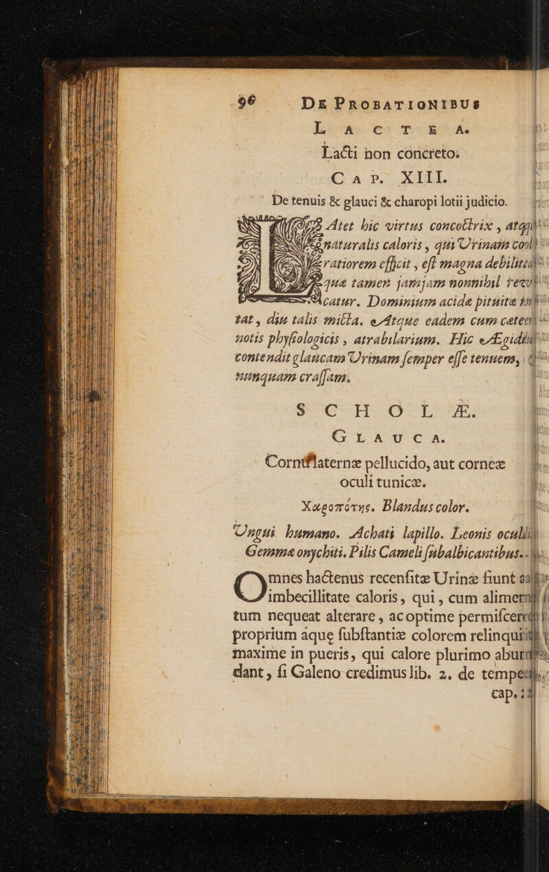 Lco oes TOR&amp;CA Lacti non concreto: QUA R-OXBDLL De tenuis &amp; glauci &amp; charopi lotii judicio. KC Zitet. bic virtus concotirix , atqj EN, Se mturalis caloris , qtti Chnaih cool? We ratiorem efficit , ef magna dro E | / A ua tamen jamjam nonnilil recul? scar. Dominium acida pituita inp 24t , moy talis snitla. e^dtque eadem cum ceten| zotis phyfiolocicis , atrabilarium. Hic MEAT ? contendit glanc At Fonitam femper ejfe tenuem, Q^ inquam eral]am [. Some MP. G LA U C A. Corniflaterne pellucido,autcornee — $ oculi tunica. | Xapgozonus. Blandus color. Unpti bumano. 4Acbati lapille. Leonis oculi) Gemma onychiti. Pilis Cameli [balbicantibus. M. mnes hactenus recenfite Urinz fiunt all» imbecillitate caloris, qui , cum alimer tum nequeat alterare , acoptime permifceree proprium aque (übftantie colorem relinquiii maxime in pueris, qui calore plurimo aburafs dant , fi Galeno credimuslib. 2. de tempe; cap. i