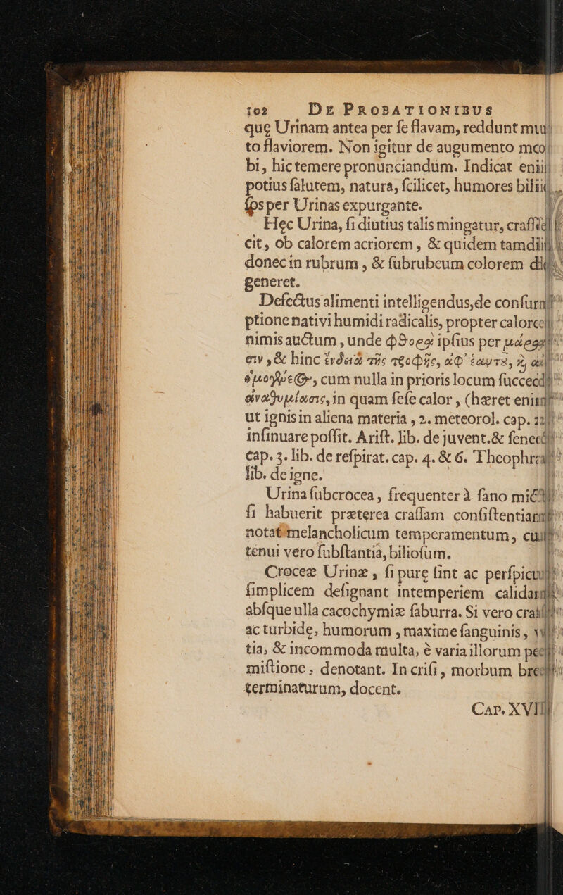 que Urinam antea per fe flavam, reddunt mu) to flaviorem. Non igitur de augumento mco bi, hictemere pronunciandum. Indicat eniij potius falutem, natura, fcilicet, humores biliij.. ips per Urinas expurgante. | — HecUrina, fi diutius talis mingatur, craffid] cit, ob caloremacriorem , &amp; quidem tamdiiij] donecin rubrum , &amp; fübrubeum colorem dig! generet. 4 Defe&amp;us alimenti intelligendus,de confürny ptionenativi humidi radicalis, propter calored| ' nimisauctum , unde $90e2 ipfius per ceat ei ,&amp; hinc £véaz a; aeo bue, XQ Eois, , ox enoetO, cum nulla in prioris locum fuccecd) avajvpisme,in quam fefe calor , (heret eniigf ut ignisin aliena materia , 2. meteoro]. cap. 12/1 infinuare poffit. Arift. Jib. de juvent.&amp; feneclf! Cap. 3. lib. de refpirat. cap. 4. &amp; 6. Fheophrzat lib. de igne. p Urina fübcrocea , frequenter à fano mic: fi habuerit praterea craffam confiftentiaral notatmelancholicum temperamentum , cuj tenui vero fubftantia, biliofum. l Crocez Urinz , f1pure lint ac perfpicuuf! fimplicem defignant intemperiem | calidazdllt^ abfque ulla cacochymisz faburra. Si vero crailfft acturbide, humorum , maxime fanguinis , Wi: tia, &amp; incommoda multa, e varia illorum peer: miítione . denotant. Incri(i, morbum breit terminaturum, docent. | il —, Cap. XVIII | | | j 1 ! 1 i