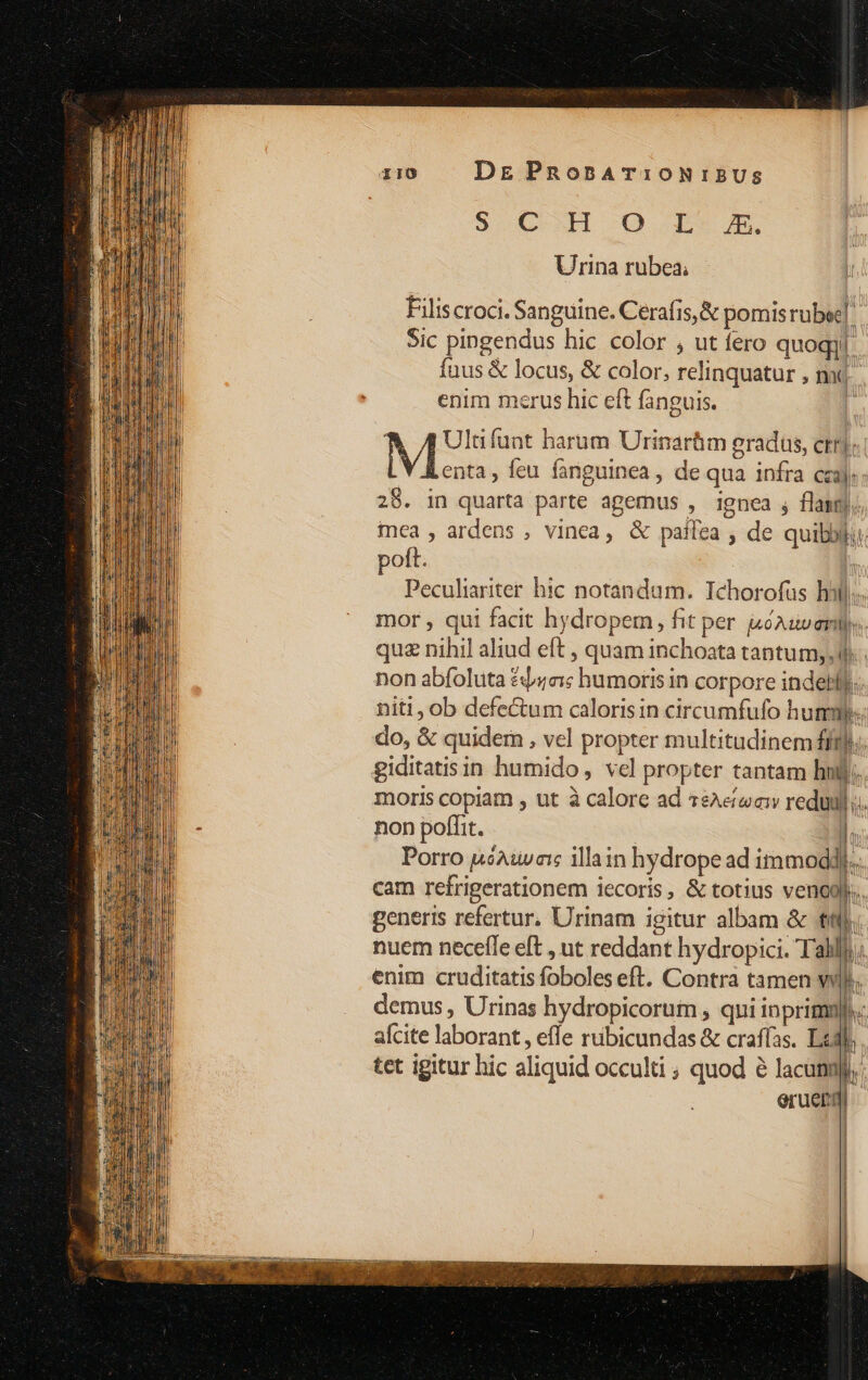 Dg PnonBAT10NIBUSs SE XM CO Dt UE. Urina rubea Filiscroci. Sanguine. Cerafis,&amp; pomisrubee] Sic pingendus hic color , ut fero quogil Ínus &amp; locus, &amp; color, relinquatur , nx; enim merus hic eft fanguis. [ A Ulüfunt harum Urinarüm pradus, ctr]«. als feu fanguinea , de qua infra czajs; 28. in quarta parte agemus , ignea ; flasp. mea, ardens , vinea, &amp; palea , de quibblj. pott. | Peculiariter hic notandum. Ichorofas hil. mor , qui facit hydropem, fit per póAuvany. quz nihil aliud eft , quam inchoata tantum, d. non abfoluta &amp;/4c:; humoris in corpore indebly. niti, ob defectum calorisin circumfufo humum. do, &amp; quidern , vel propter multitudinem fff; giditatisin humido , vel propter tantam hoff moris copiam , ut à calore ad z&amp;Aeíear redu. non poffit. | T Porro uóanuva:s illain hydrope ad immoddl.. cam refrigerationem iecoris, &amp; totius venogl.. generis refertur. Urinam igitur albam &amp; fi. nuem neceffe eft , ut reddant hydropici. Tali; enim cruditatis foboles eft. Contra tamen vw. demus , Urinas hydropicorum , qui inprimgp. aícite laborant , effe rubicundas &amp; craffas. Leal. tet igitur hic aliquid occulti ; quod 2 lacunnli,. erue [| [| | | [ D