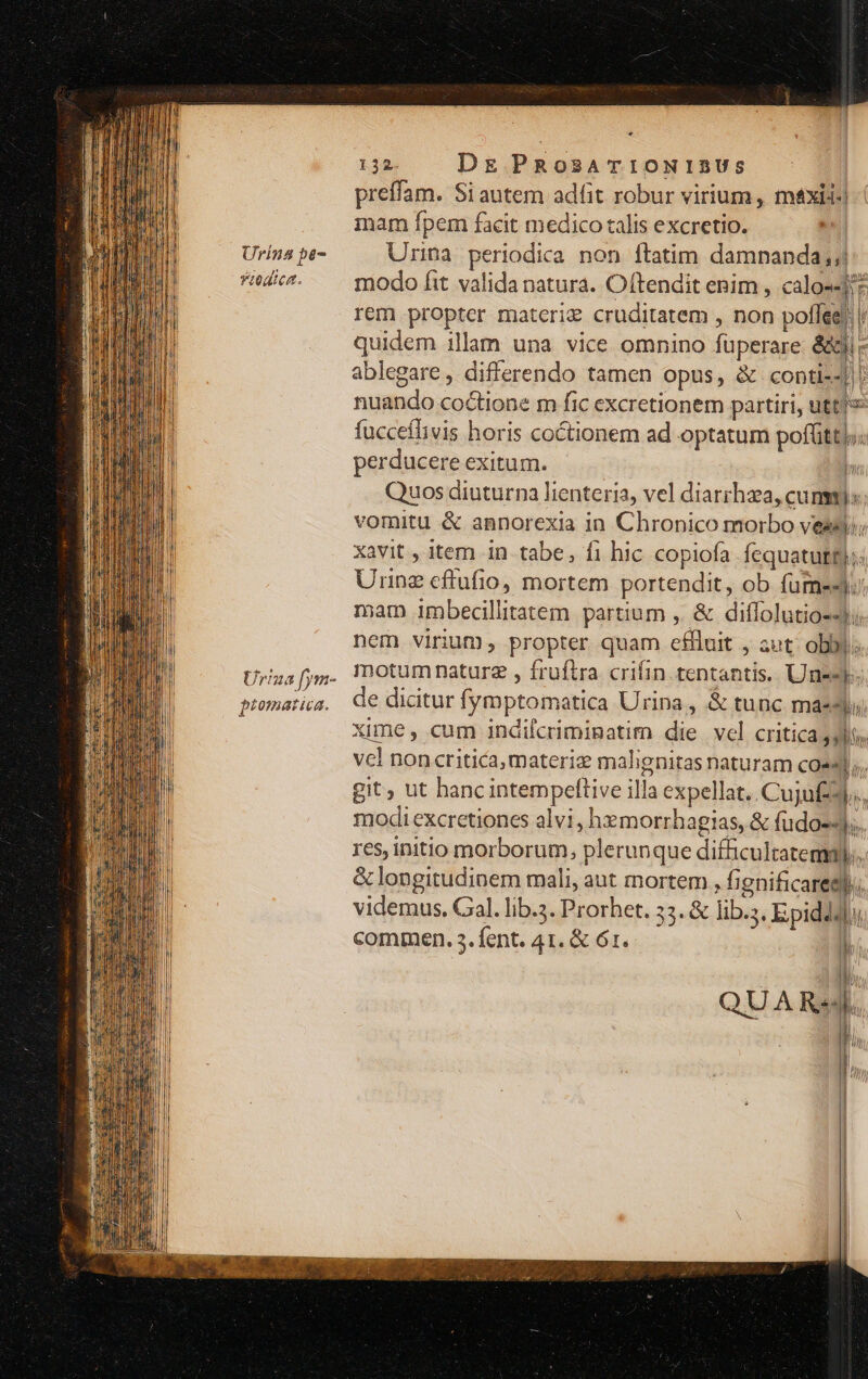 Urina pé- Yitdica. Uriza [ym- piomariea. 132 Dg PRosATIONIBUS preffam. Si autem adfit robur virium, maxi. mam fpem facit medico talis excretio. Urina. periodica non ftatim damnanda,;! modo fit valida natura. Oftendit enim , calo4jiz rem propter matcri&amp; cruditatem , non poffee) | quidem illam una vice omnino füperare &amp;&amp;ji- ablegare, differendo tamen opus, &amp; conti-J]: nuando coctione m fic excretionem partiri, utt! fucceílivis horis coctionem ad optatum pofüitt j; perducere exitum. L Quos diuturna lienteria, vel diarrhea, cum»; vomitu &amp; annorexia in Chronico morbo vessji; xavit , item in tabe, fi hic copiofa fequatutt);: Urinz cftufio, mortem portendit, ob fures; mam imbecillitatem partium ,. &amp; diffolutio--)i nem virium, propter quam eflluit , aut; obj; motumnaturz , fruftra crifin. tentantis. Unesj. de dicitur fymptomatica Urina, &amp; tunc mas3y. xime, cum indilcriminatim die vel Critica giis vel noncritica,materig malignitas naturam coes];. git; ut hancintempeftive illa expellat..Cujufz9.., modi excretiones alvi , hemorrhagias, &amp; fudos4);.. res, initio morborum, plerunque difficultatemay. &amp; longitudinem mali, aut mortem , fignificaresy videmus. Gal. lib.3. Prorhet. 53. &amp; lib.s. Epidd4l commen. 3. fent. 41. &amp; 61. | 1  BM uh H H Iu |