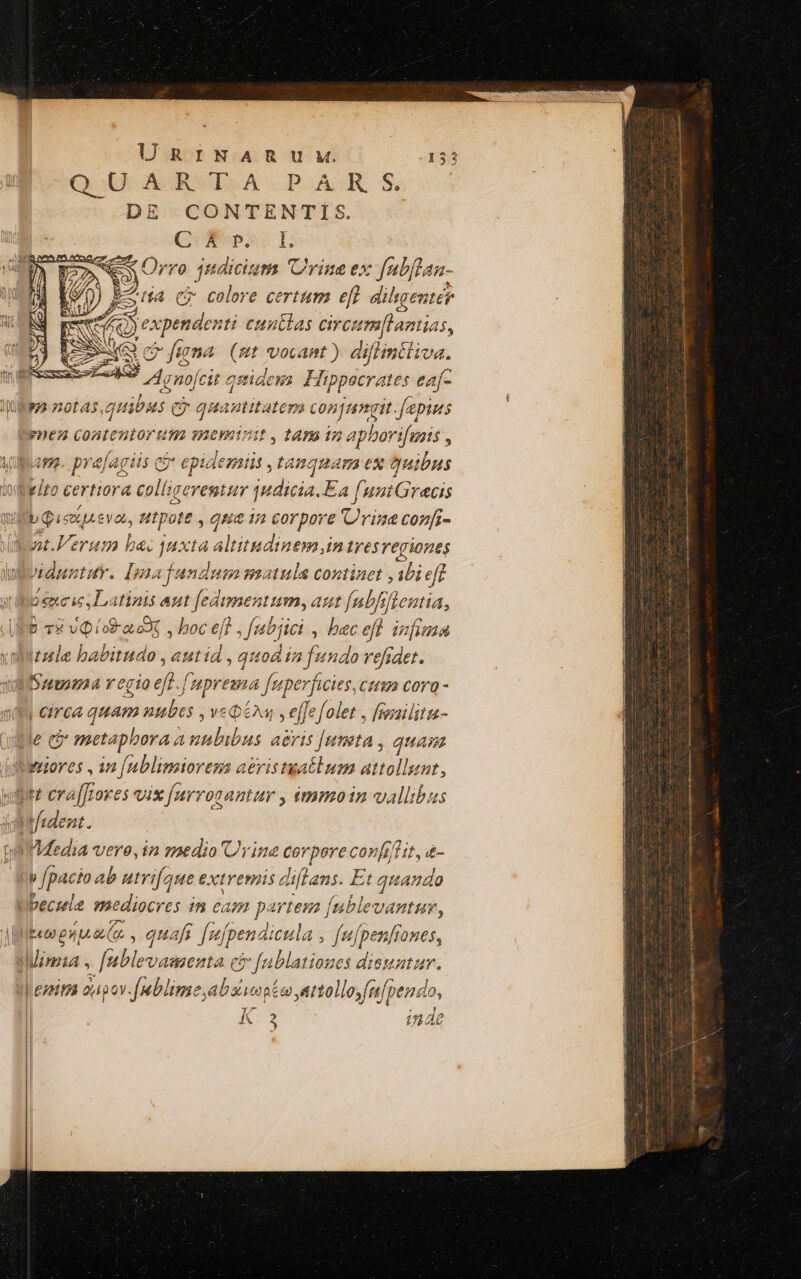 i QUE UNGRSSESA S PAÁASK. S. DE CONTENTIS. CUN s. I ew Orro 4ndiciuts Urine ex fabflan- ) E^na c colore certum eft | digo - CL expendenti cuntlas circumlantias, EQ c fumma (mt vocant) diflin&amp;li v4. | * Agnus qmidewa Hippocrates ea[- Wy not a5, quitus C» quantitatem conjungit .[epius Wwnen contentorum rom ) mina aphoriinis à vpn. prajagiis cj epidemis , tauquama ex quibus loi ielto certiora iievdiur jadinsikÀ funiGrecis ul b pisipuevat, utpote , que 1n corpore rina confi- nt.Verum bac juxta altitudinem in resvegiones Inoddsentuy. [pnafandum watula continet ,ibieff Wo sncies Latinis aut fedimentum, aut [abf [S DH pidas , boc eff , fabjici , bec di nna yotrtzle babitudo , autid , quod in fundo vefrder. JobSsemamaa v egio ej. presa feperf ficies, catu coro - | circa quam nubes , veía , effefolet , [raenilitu- wie e$ j metaphora ; á aiiiond aéris [uta , quama Uwzzores , 2 [(ublimiorenas aeris tatlum attollunt, Bir iSolfiaer: vix [urrogantar , immoin vallibus aident. t8 Media vero, in medio Urine corpore conflit, e- b /pac /o ab uifaue extremis iip Et quando Wbecrla mediocres im eam partea [ublevantur, Jtem ene , quafi ffpendicula i [penfrones, Wineia , [ublevassenta ci [ablationes disuztur. enim ougov.[ublime sabxuopto artollosftfpendo, K T inde