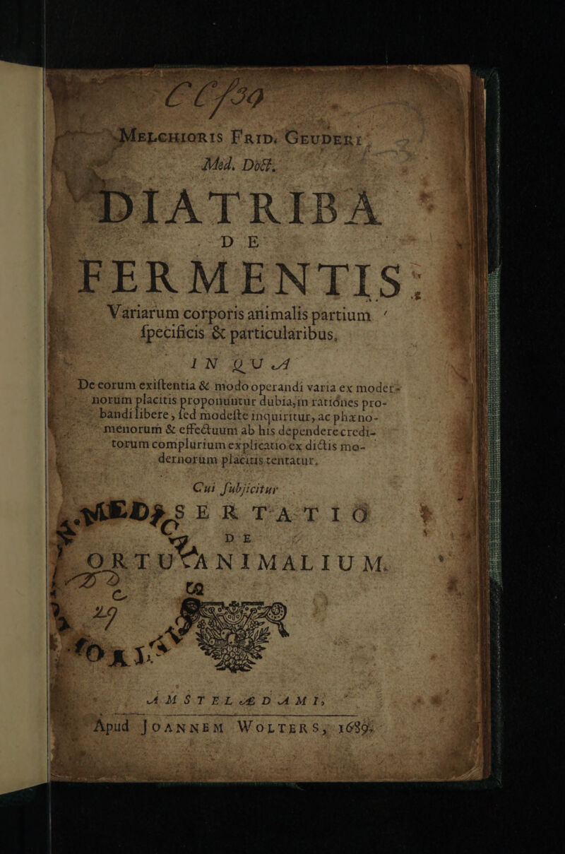 /— pe MELcuronrs Farb; GevDER:^ e  d Med, Df, DIATRHSA IEERMENTIS: h Variarum corporis animalis partium. ' : fpecificis &amp; particularibus, E^ IN UWo. De corum exiítentia &amp; modo operandi varia ex modet- 1^ norum placitis proponuntur dubia;in rariónes pro- b bandilibere , ed modeífte inquiritur, ac phxno- * - ménorum &amp; effectuum ab his dependerecredi- torum complurium explicatio ex dictis mo- dernorum placitis tentatur, Cu fubjicitur MED: EJ CDATIO $ i ED IPT ANIMALIU M. AMSTEILSQSDAMI Apud ]OANNEM WOLTERS; 1689;