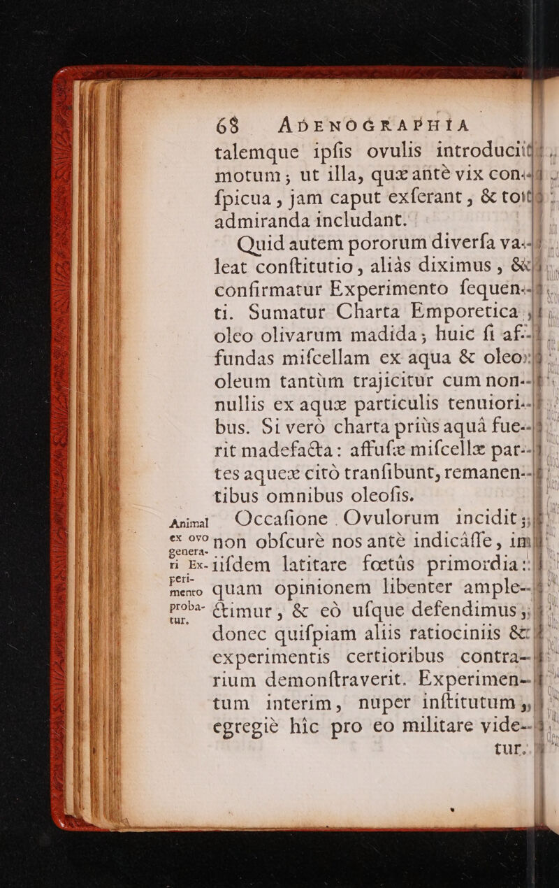 SAPE TU GIN YD DS ? HE [2 NIA (IT ub S, CAM [ Ch i VOSSIUS LLL PLA 35 122 9 68 | ADENOGRAPHIÍA talemque ipfis ovulis introducit motum ; ut illa, qux ante vix con4j , fpicua , jam caput exferant , &amp; toit? admiranda 1ncludant. Quid autem pororum diverfa va«4j leat conftitutio , aliàs diximus , 6j confirmatur Experimento fequen-4d. ti. Sumatur Charta Emporetica ; oleo olivarum madida; huic fi af-- fundas mifcellam ex aqua &amp; oleo» oleum tantüm trajicitur cum non-- nullis ex aqux particulis tenniotim bus. Si vero charta priüs aquá rio. | rit madefacta: affufze mifcellz pat--, tes aquex citó tranfibunt, remanen--j tibus omnibus oleofis. | Occafione . Ovulorum incidit jjj n E o tum interim, nuper inftitutum yj egregie hic pro eo militare vide--3 tur.»