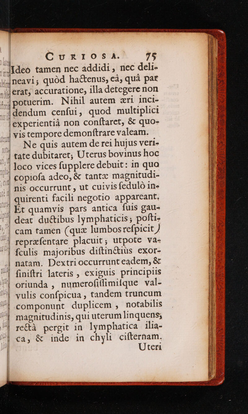 il CuxExrIO SA. 78 ,Jideo tamen nec addidi , nec deli- I y4neavi; quod hactenus, eà, quá par .iijerat accuratione, illa detegere non i,j potuerim. Nihil autem zri inci- dendum cenfui, quod multiplici lexperientià non conftaret, &amp; quo- ,,] vis tempore demonftrare valeam. .| Ne quis autem de rei hujus veri- -] tate dubitaret, Uterus bovinus hoc || loco vices fupplere debuit: 1n quo ,] €opiofa adeo, &amp; tantz magnitudi- 2i nis occurrunt , ut cuivis feduló in» ..| quirenti facili negotio appareant. | Ét quamvis pars antica fuis gau- ''| deat du&amp;ibus lymphaticis; pofti- '/| cam tamen (qux lumbos refpicit / | reprzfentare placuit; utpote va- | fculis majoribus diftinctius exor- 4| natam. Dextrioccurrunt eadem, &amp; | finiftri lateris , exiguis principiis /^4 oriunda , numerofiffimitque val- Vf .componunt duplicem , notabilis | magnitudinis, qui uterum linquens; /| re&amp;à pergit in lymphatica ilia- /J ca, &amp; inde in chyli cifternam. | Uteri DT)