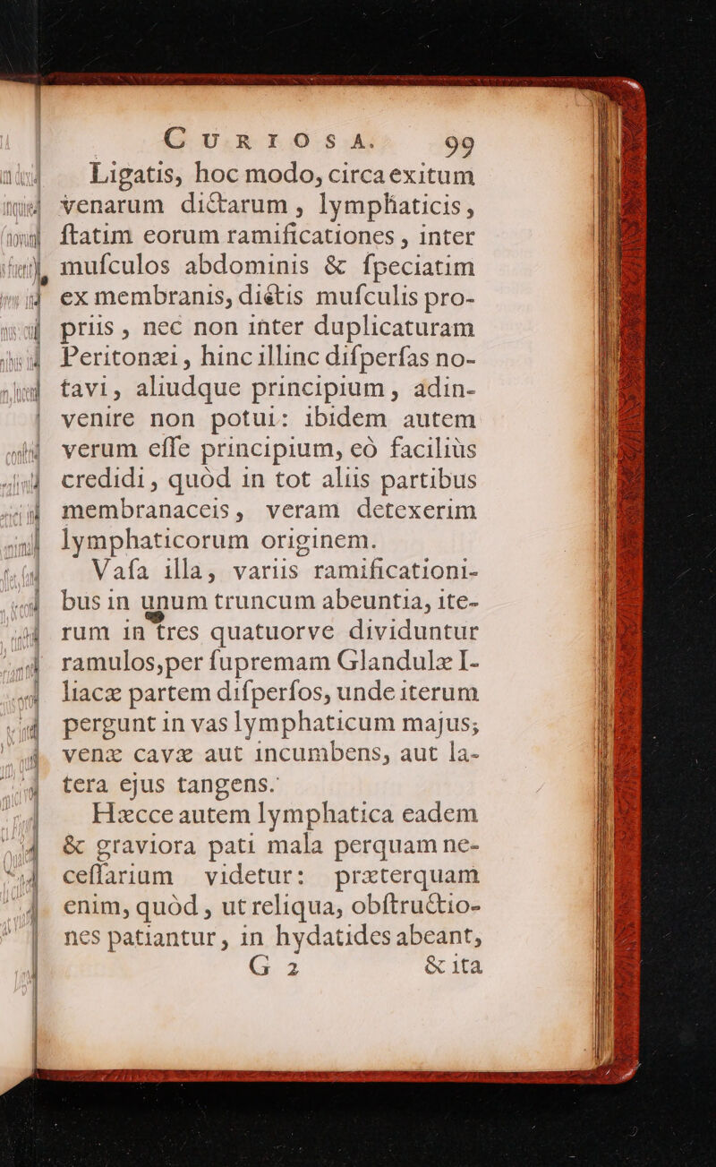 Liegatis, hoc modo, circa exitum venarum dictarum , lymphiaticis, ftatim eorum raum icapidines , inter mufculos abdominis &amp; fpeciatim ex membranis, diétis mufculis pro- pris , nec non inter duplicaturam Peritonzi , hinc illinc difperfas no- tavi, aliudque principium, adin- venire non potui: ibidem autem verum effe principium, eo faciliüs credidi , quód in tot alus partibus membranaceis, veram detexerim lymphaticorum originem. Vafa ila, variis ramificationi- bus in unum truncum abeuntia, ite- rum in tres quatuorve dividuntur ramulos,per fupremam Glandulz I- liaca partem difperfos, unde iterum pergunt in vas Iymphaticum majus; venz cavi aut incumbens, aut la- tera ejus tangens. Hzcce autem lymphatica eadem &amp; graviora pati mala perquam ne- ceflaium — videtur: praterquam enim, quód, ut reliqua, obftru&amp;io- nes patiantur , in hydatides abeant, G 2 &amp; 1tà DCXRPPET