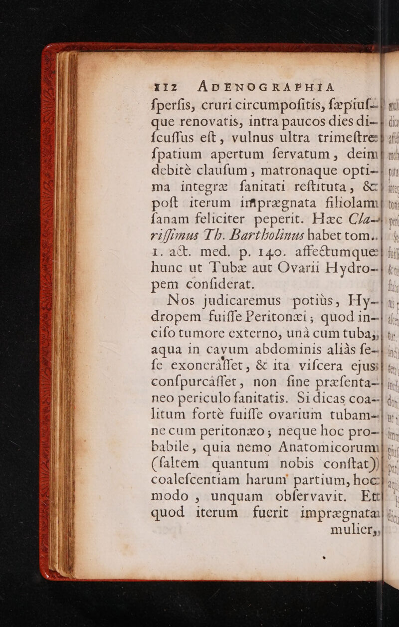 BECA KA 24 EX 112 | ÁDENOGRAPHIA fperfis, cruri circumpofitis, fzpiuf-- | ni que renovatis, intra paucos dies di--| ii Ícuffus eft, vulnus ultra trimeítre ] ;// fpatium apertum fervatum , deim] x debité claufum , matronaque opti-[ i ma integra fanitati reftituta, &amp;| a poft iterum imfipregnata fiholami] ui fanam feliciter. peperit. Hxc C/a-4 y riffmus Tb. Bartholinus habet tom..|. $ 1. ac. med. p. 140. affe&amp;umque:| ij hunc ut Tubz aut Ovarii Hydro- | ls pem coníiderat. lí Nos june potius, Hy-| i; dropem fuiffe Peritonzi ; quod in--| ij. cifo tumore externo, unà cum tuba;;| i aqua in cayum abdominis aliàs fe- íc exoneràffet, &amp; ita vifcera ejusi| te confpurcáffet, non fine prafenta- | ini neo periculo fanitatis. 51dicas coa-]| ds. litum forté fuiffe ovarium tubam y. nc cum peritonzo; neque hoc pro-.| js. babile , quia nemo Anatomicorumi Bh (faltém quantuni nobis conftat)]|, coalefcentiam harum partium, hoc modo , unquam obfervavit. Ett] | quod iterum fuerit imprzegnata) i. mulier;,|