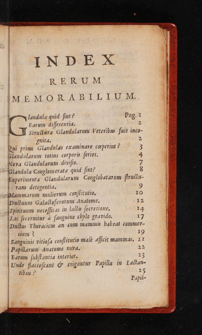 INDEX | RBERUM | IMEMORABILIUM.: mw landule quid. fint ? Pag. t Earum differentia. 2 E snudara Glandularum Veteribus: fuit inco- gnita. 2 Dui p 511 Glandt ulas examinave cabperint ? 3 Bland: larum totius corporis. feries. 4 Nova Glandularum divifto. 7 Alandule Conglomerate quid fimt? 8 Experimenta Glandalarum | Conglobatavum. (iructa- | vam detegentia, 9 diMammarum mulierum. confritutto., IO IDutluum Galadloferoi e Auatotmnec. 12 T Spiritum nece[ft as in lactis feeretione, 14 ILac fecernitur à. (anguine cbylo s etavido. 17 Ipu&amp;us Thoraccus an cum maminis babeat commer- aum ^ 19 | Sanguinis vitiofa conftitutie male afit mammas, 21 | Papillavum Anatome ova. 2i | Earum. (ubfLantia interior. 23 | Unde flaccefcant Qr erigatur Papile im Ladane tibias ? 25 Papil- VAM SR ace y OP HTTP ESI IERI z.